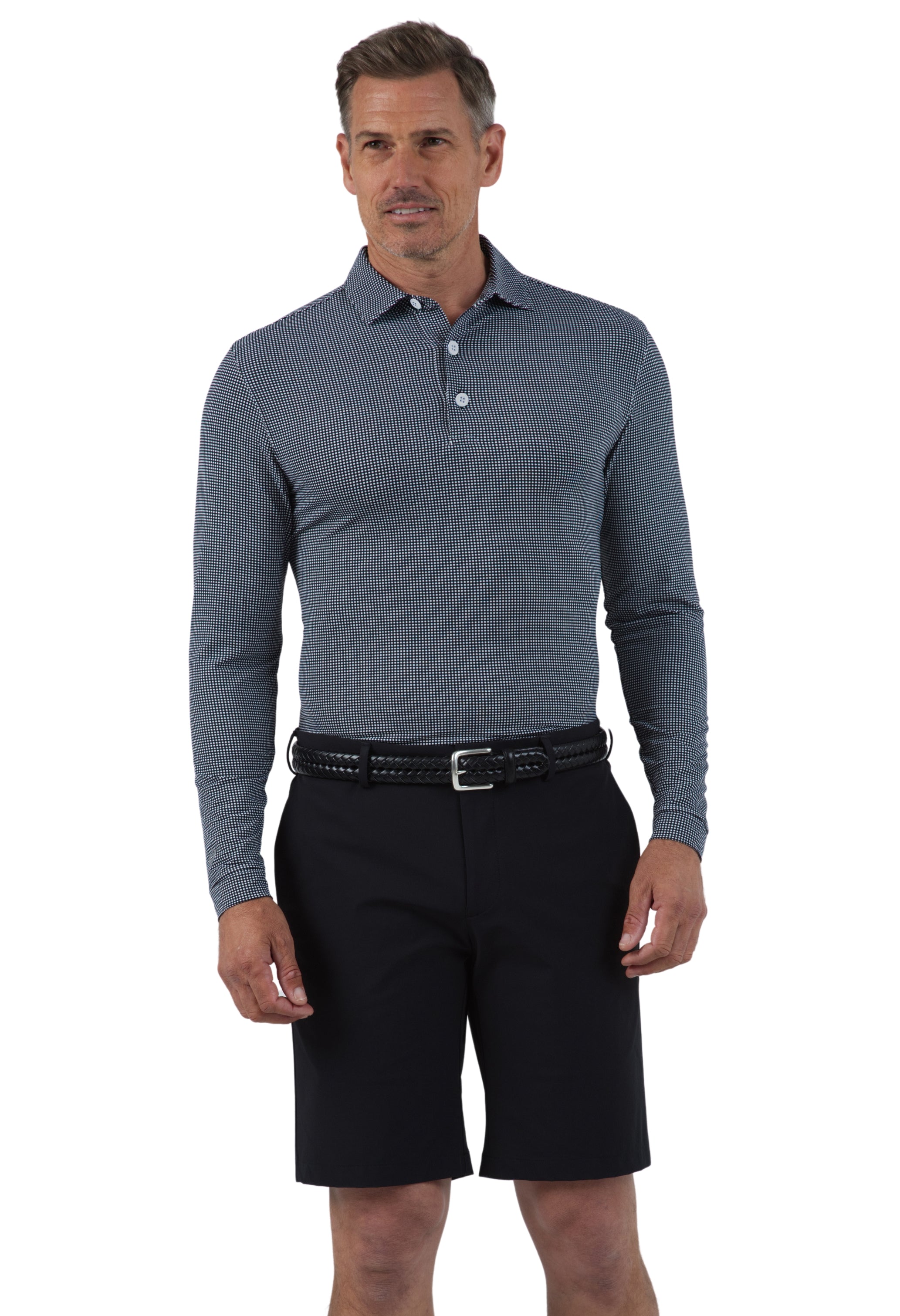 Mini Check Print Long Sleeve Polo (Modern Fit)