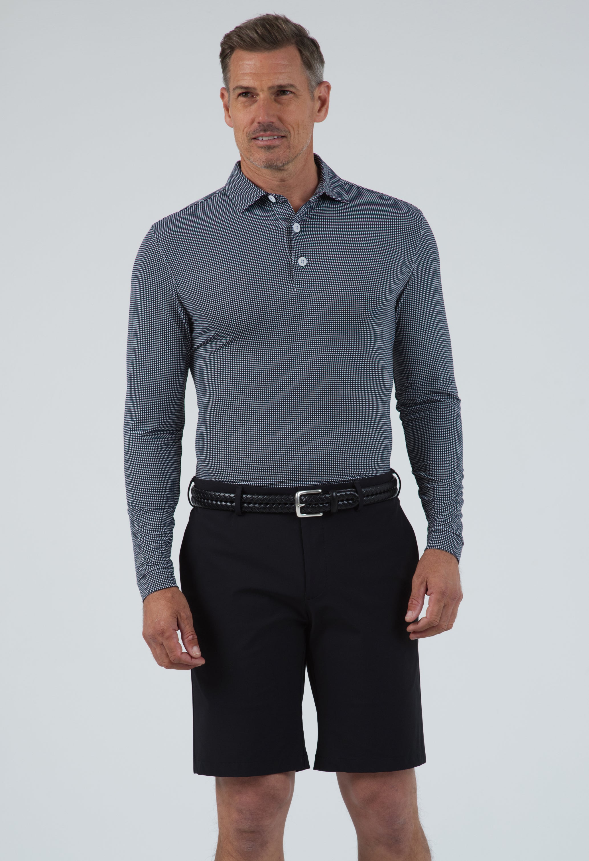Mini Check Print Long Sleeve Polo (Modern Fit)