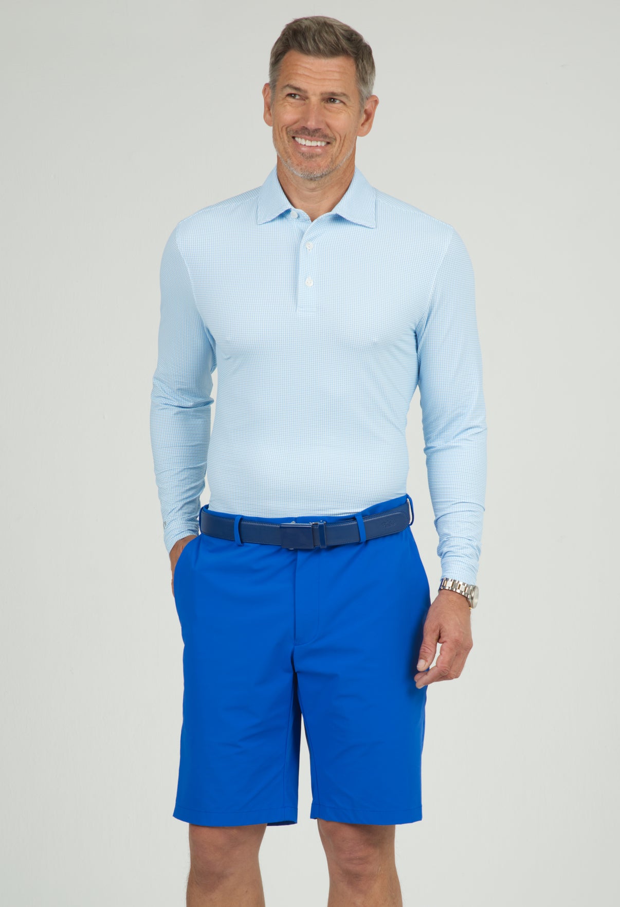 IBKÜL - Mini Check Print Long Sleeve Polo – 95754 (Modern Fit) - Color: Navy/White