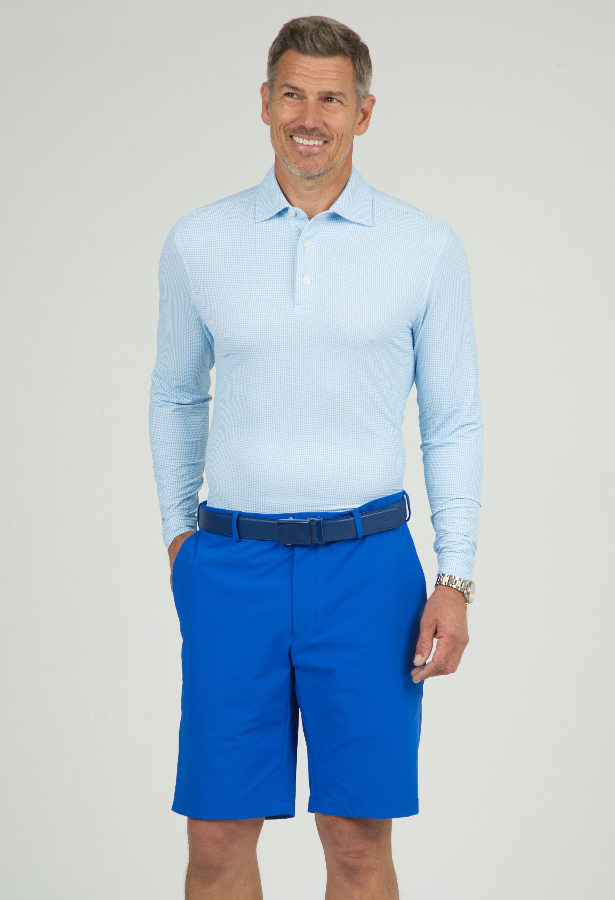 IBKÜL - Mini Check Print Long Sleeve Polo – 95754 (Modern Fit) - Color: Navy/White
