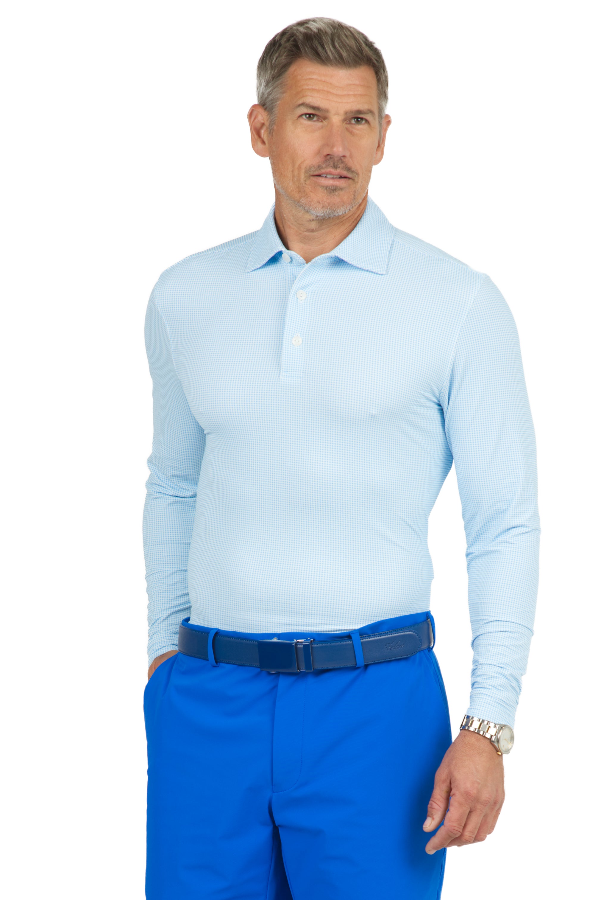 IBKÜL - Mini Check Print Long Sleeve Polo – 95754 (Modern Fit) - Color: Peri/White