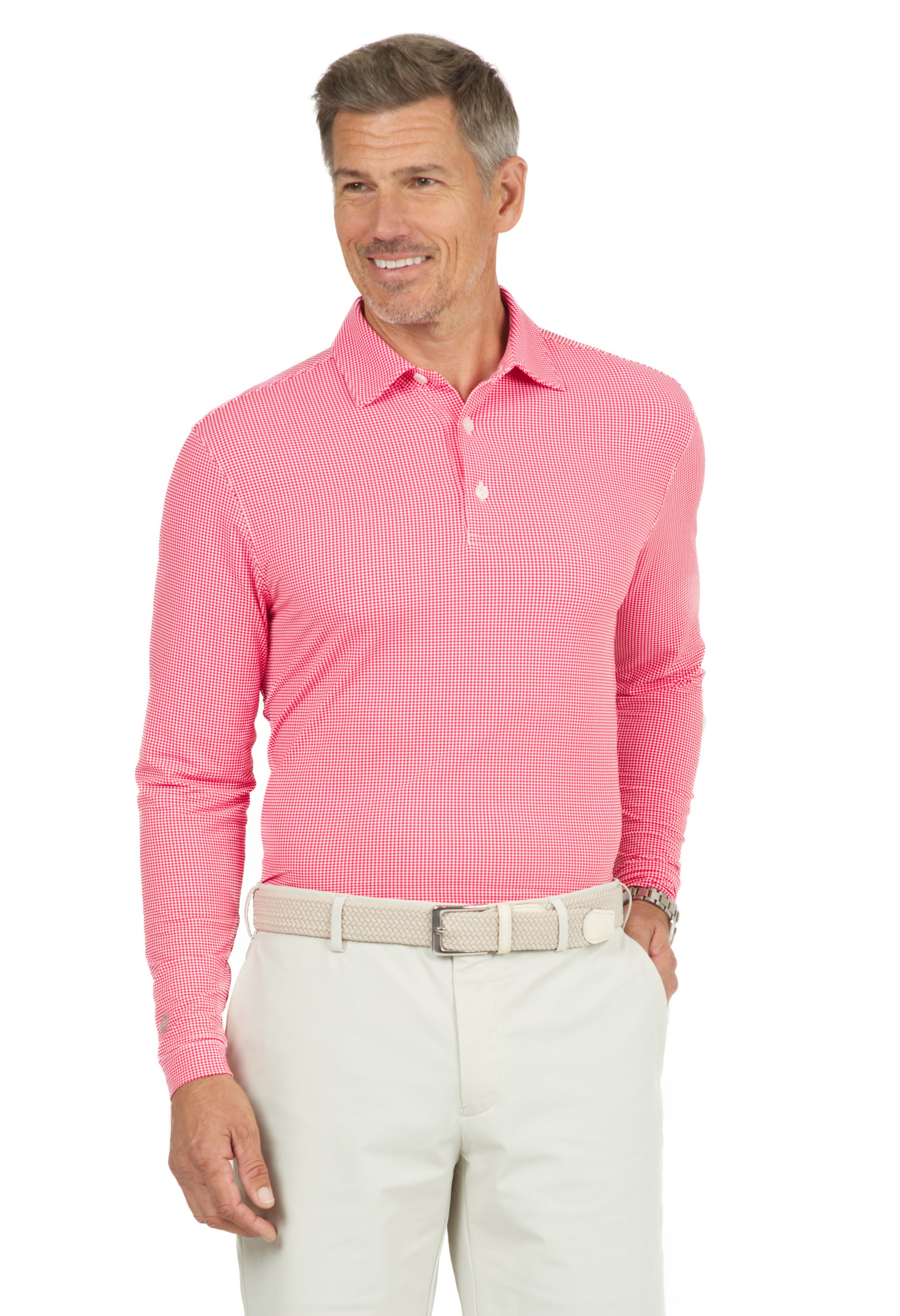 IBKÜL - Mini Check Print Long Sleeve Polo – 95754 (Modern Fit) - Color: Red/White
