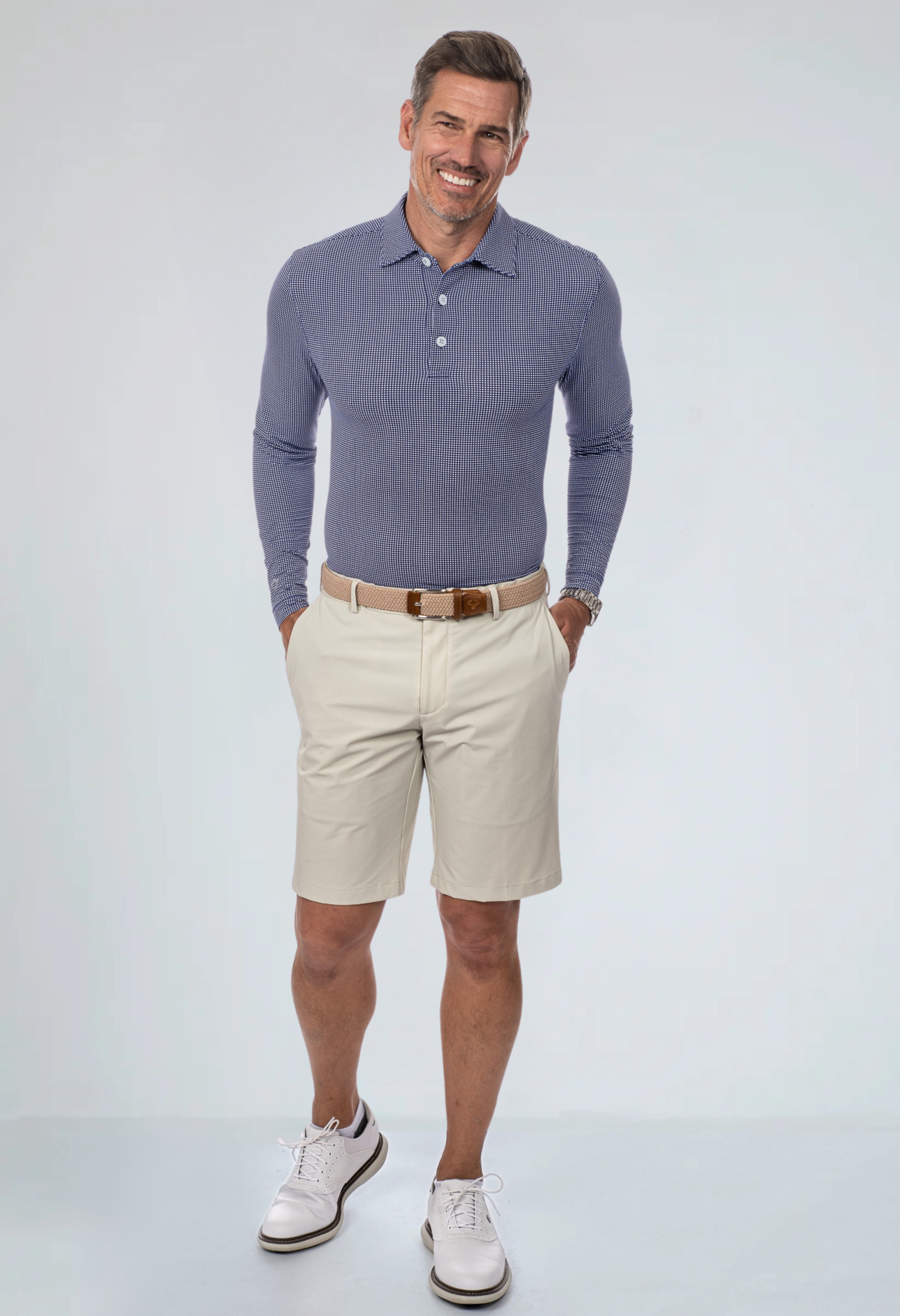 Mini Check Print Long Sleeve Polo (Modern Fit)