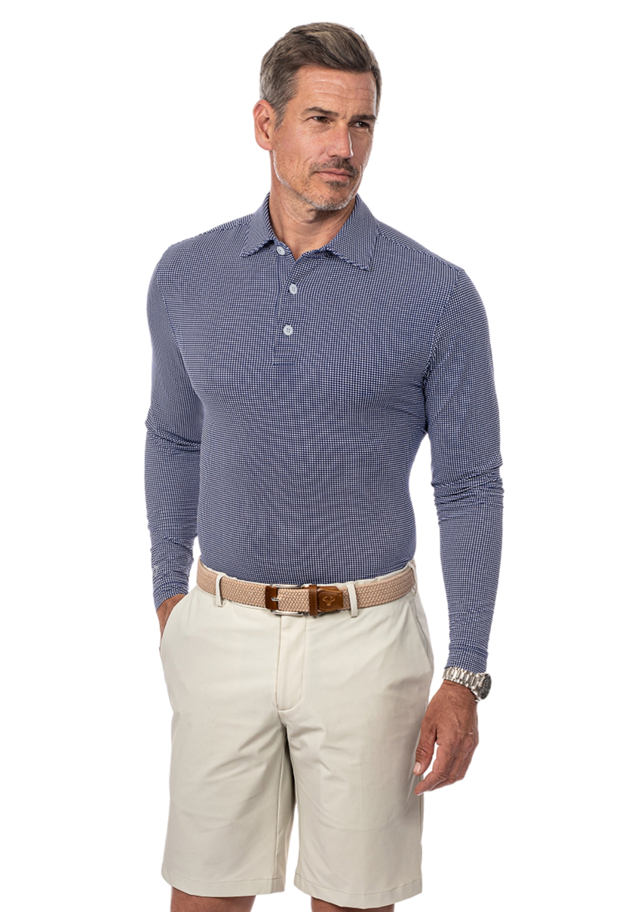 Mini Check Print Long Sleeve Polo (Modern Fit)