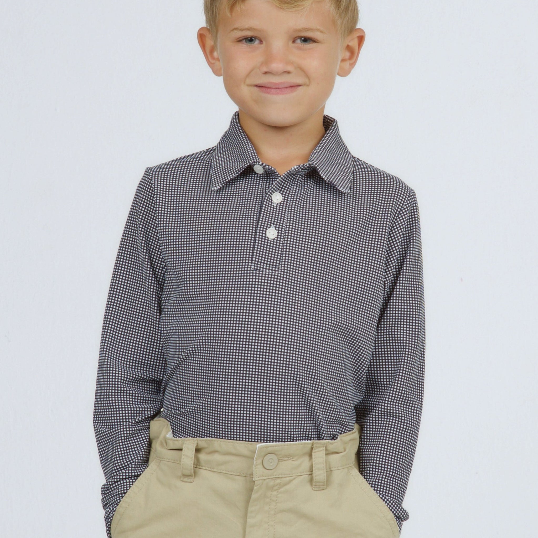 Youth Mini Check Print Long Sleeve Polo