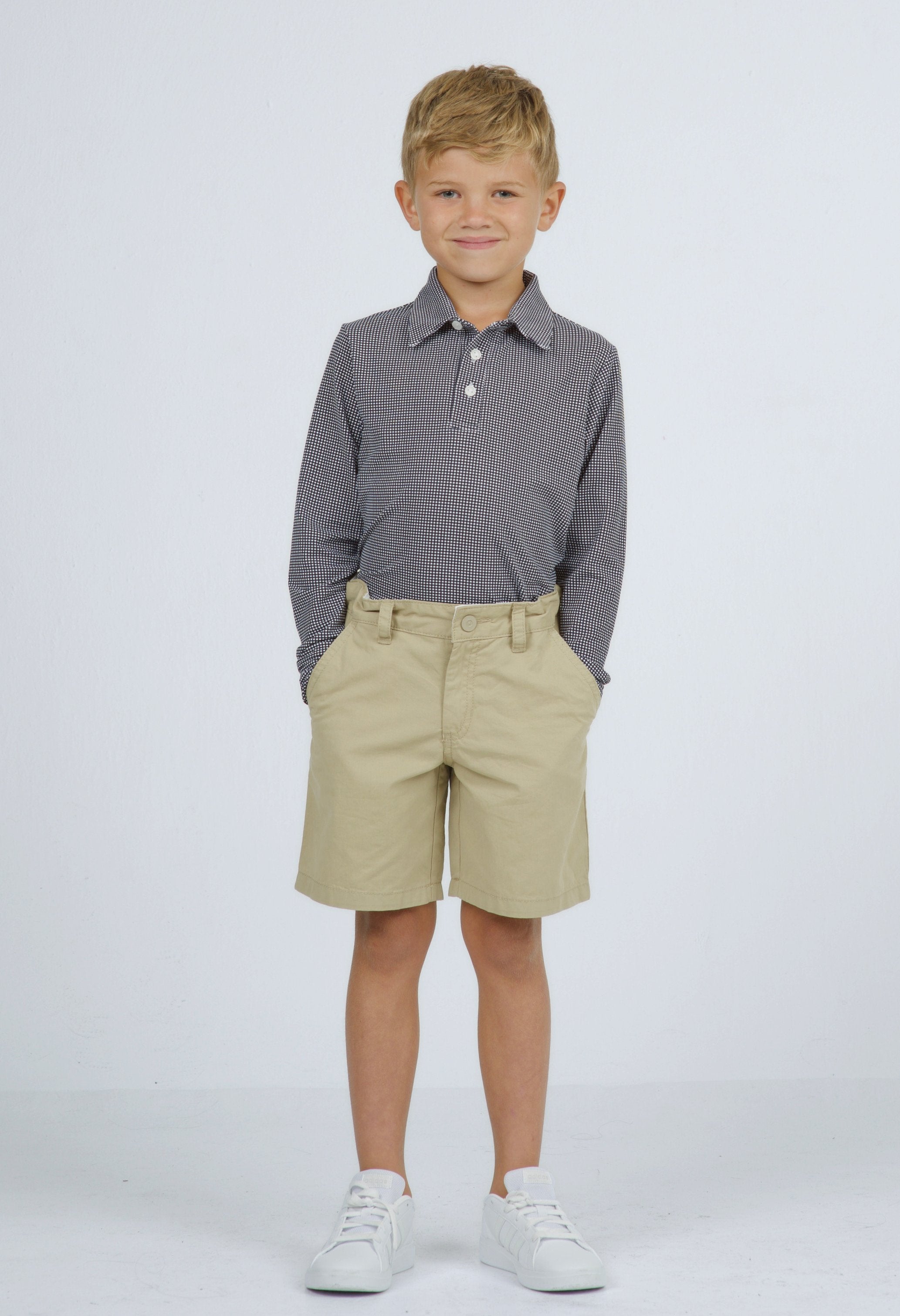 Youth Mini Check Print Long Sleeve Polo
