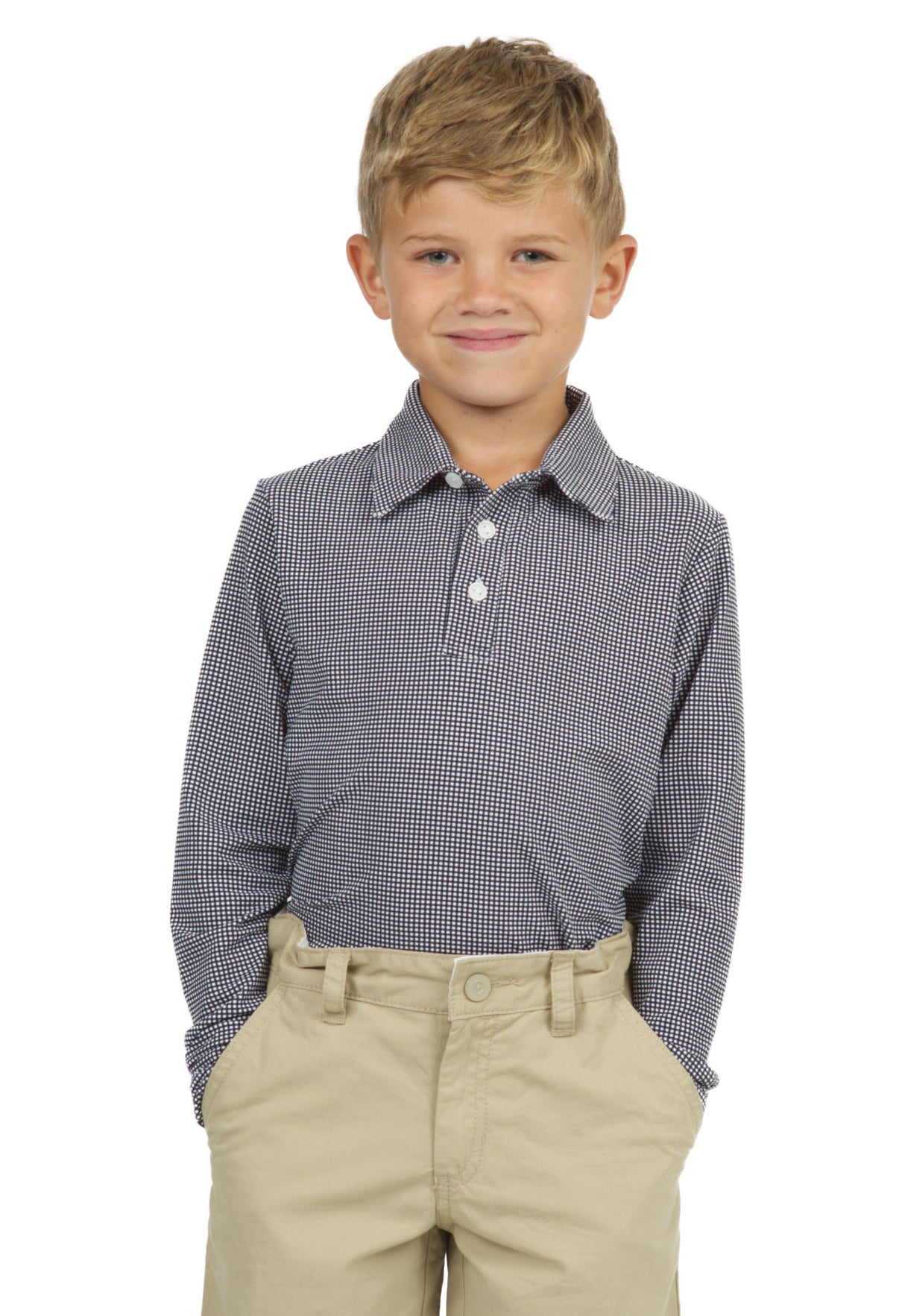 IBKÜL - Youth Mini Check Print Long Sleeve Polo - 95754B - Color: Black/White