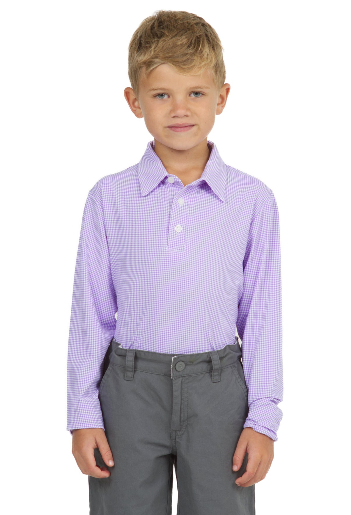 IBKÜL - Youth Mini Check Print Long Sleeve Polo - 95754B - Color: Lt. Violet/White