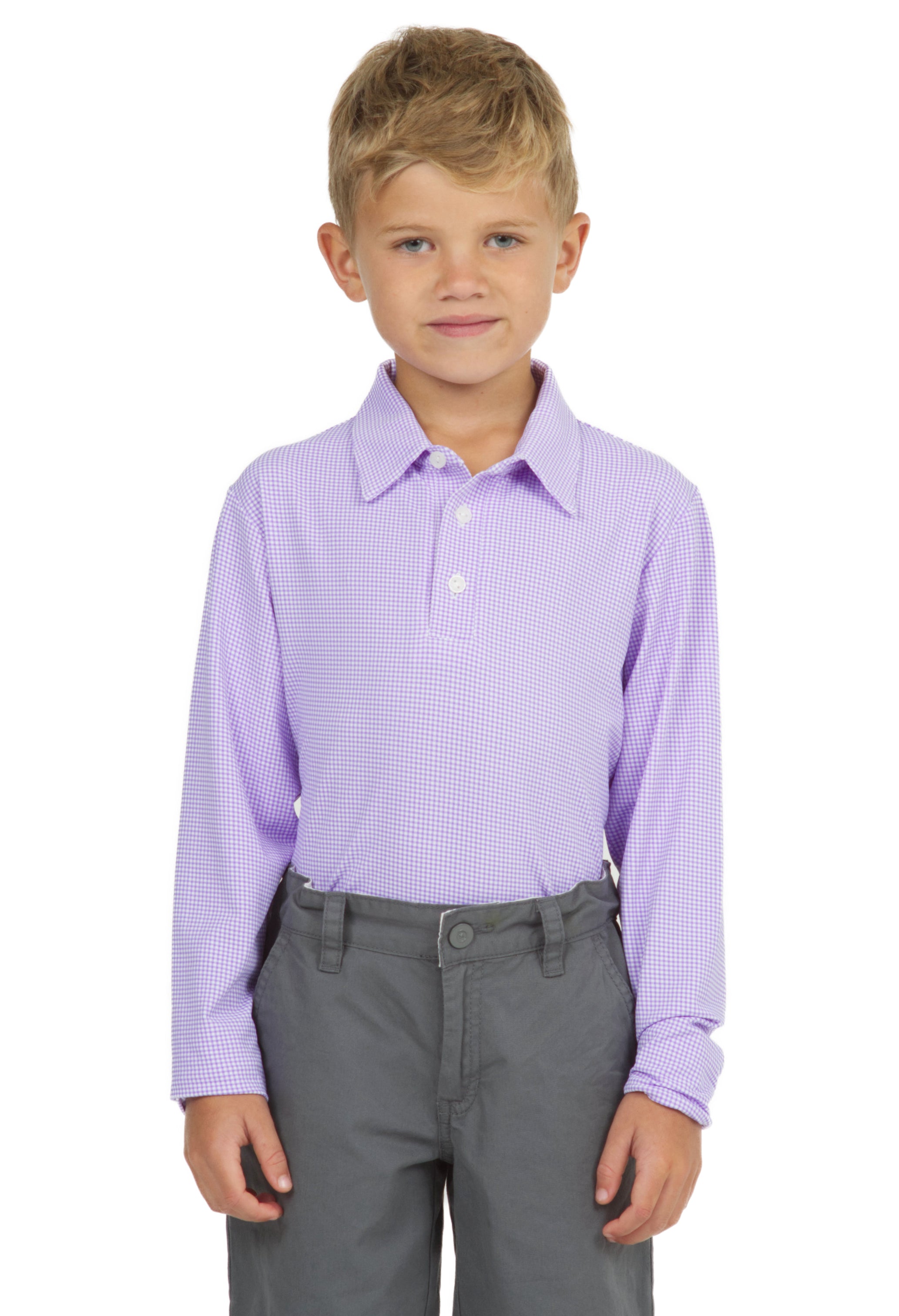IBKÜL - Youth Mini Check Print Long Sleeve Polo - 95754B - Color: Lt. Violet/White