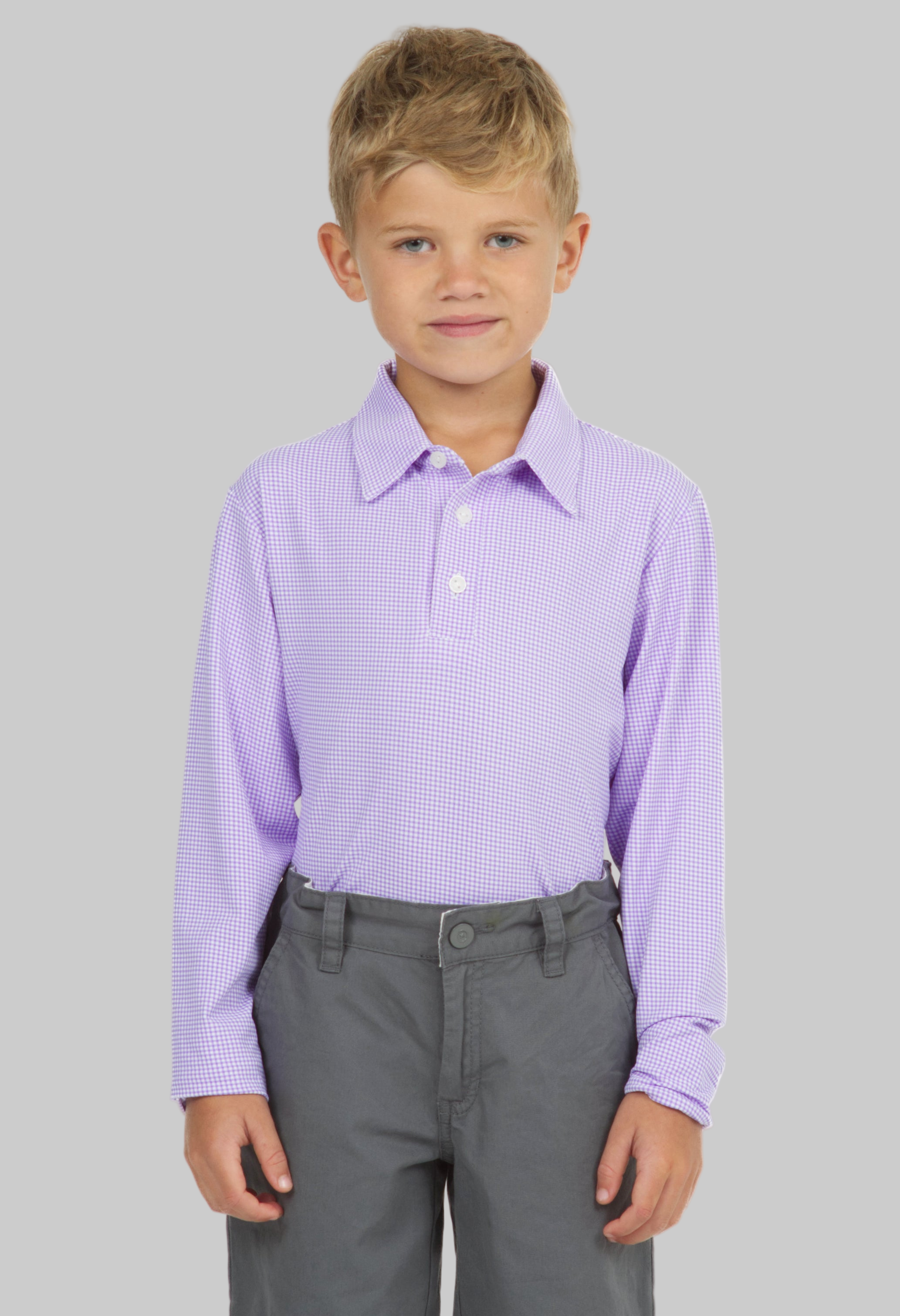 Youth Mini Check Print Long Sleeve Polo