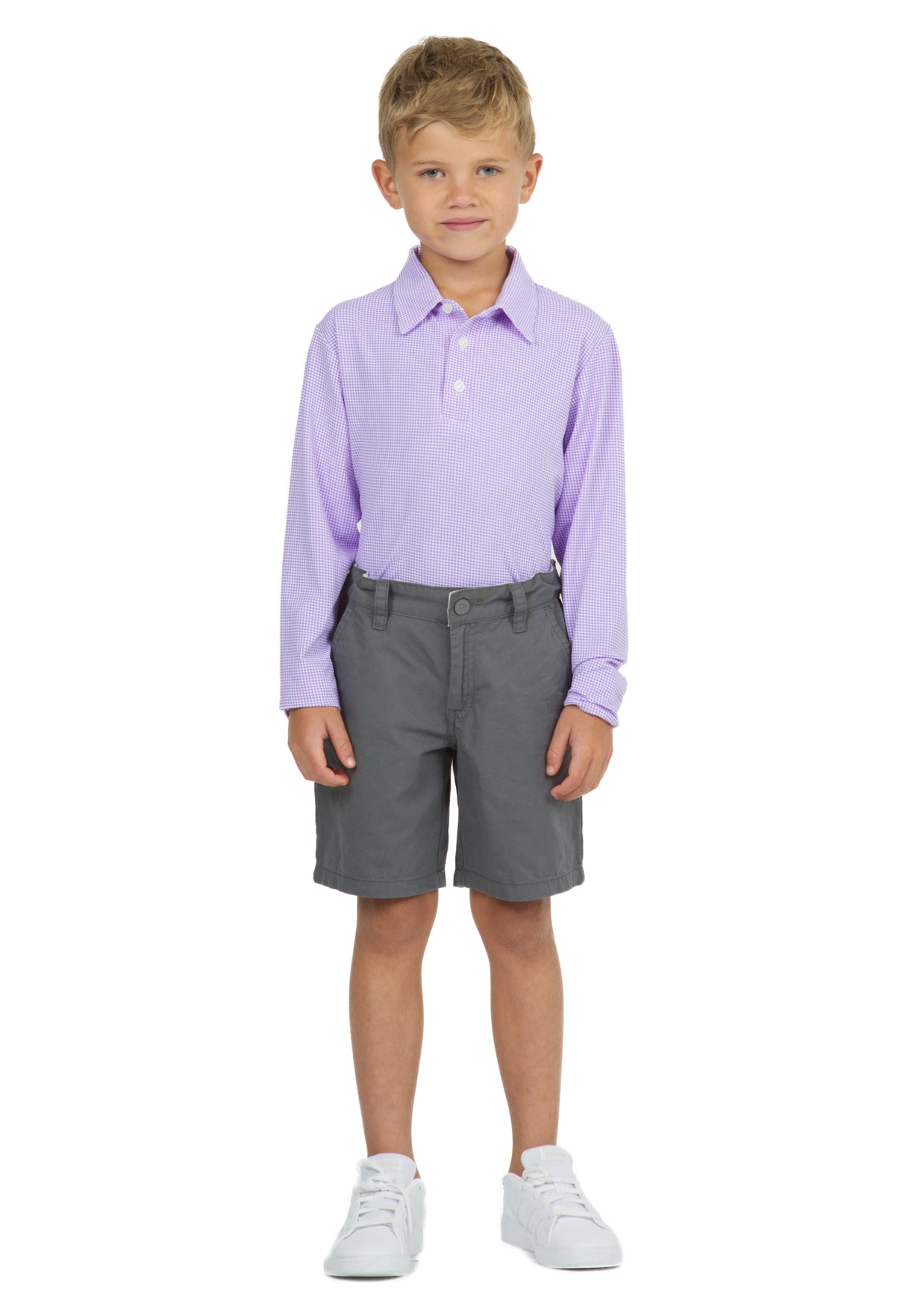 IBKÜL - Youth Mini Check Print Long Sleeve Polo - 95754B - Color: Lt. Violet/White