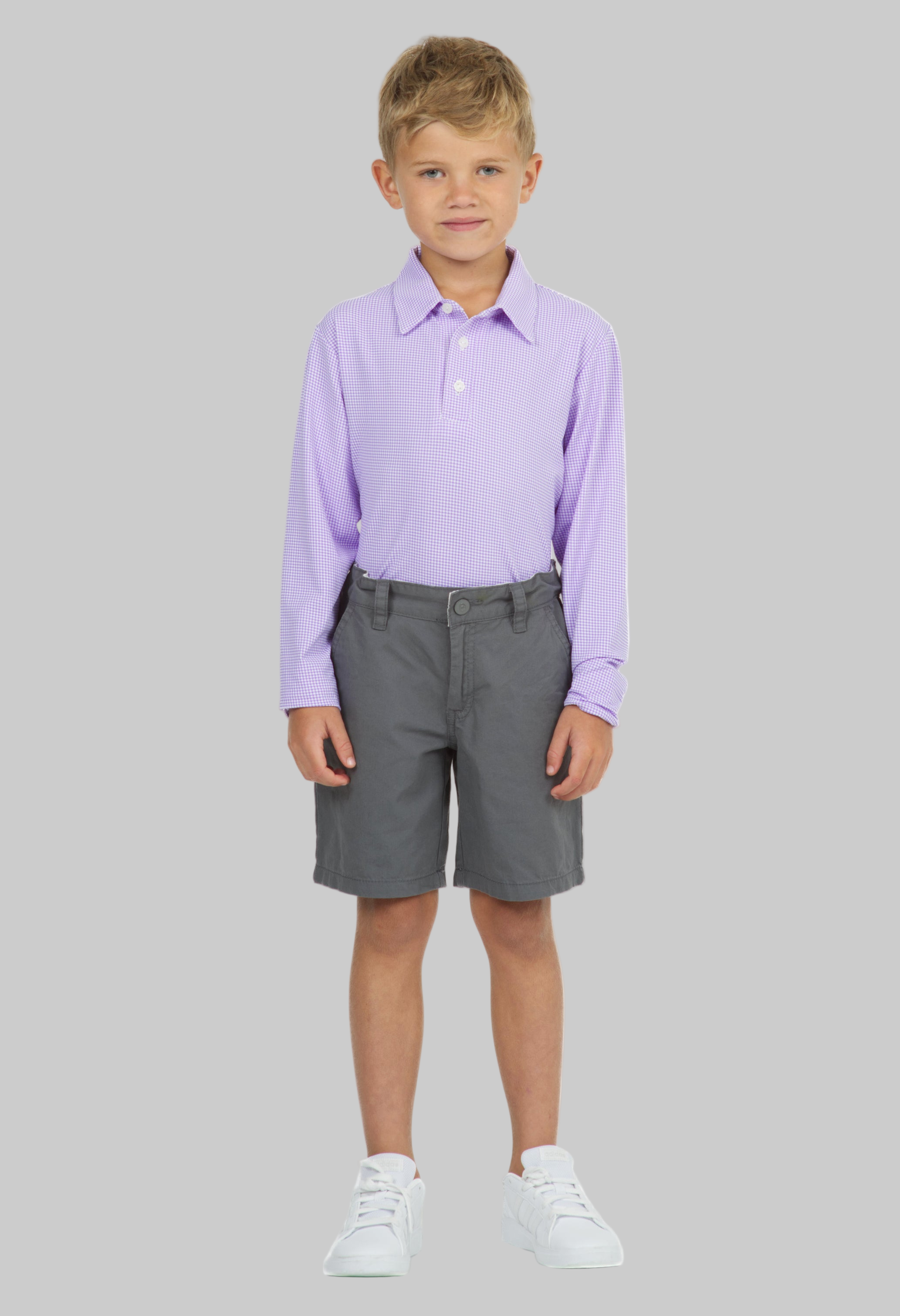 Youth Mini Check Print Long Sleeve Polo