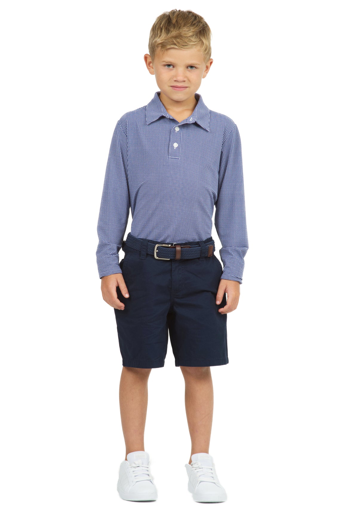 IBKÜL - Youth Mini Check Print Long Sleeve Polo - 95754B - Color: Navy/White