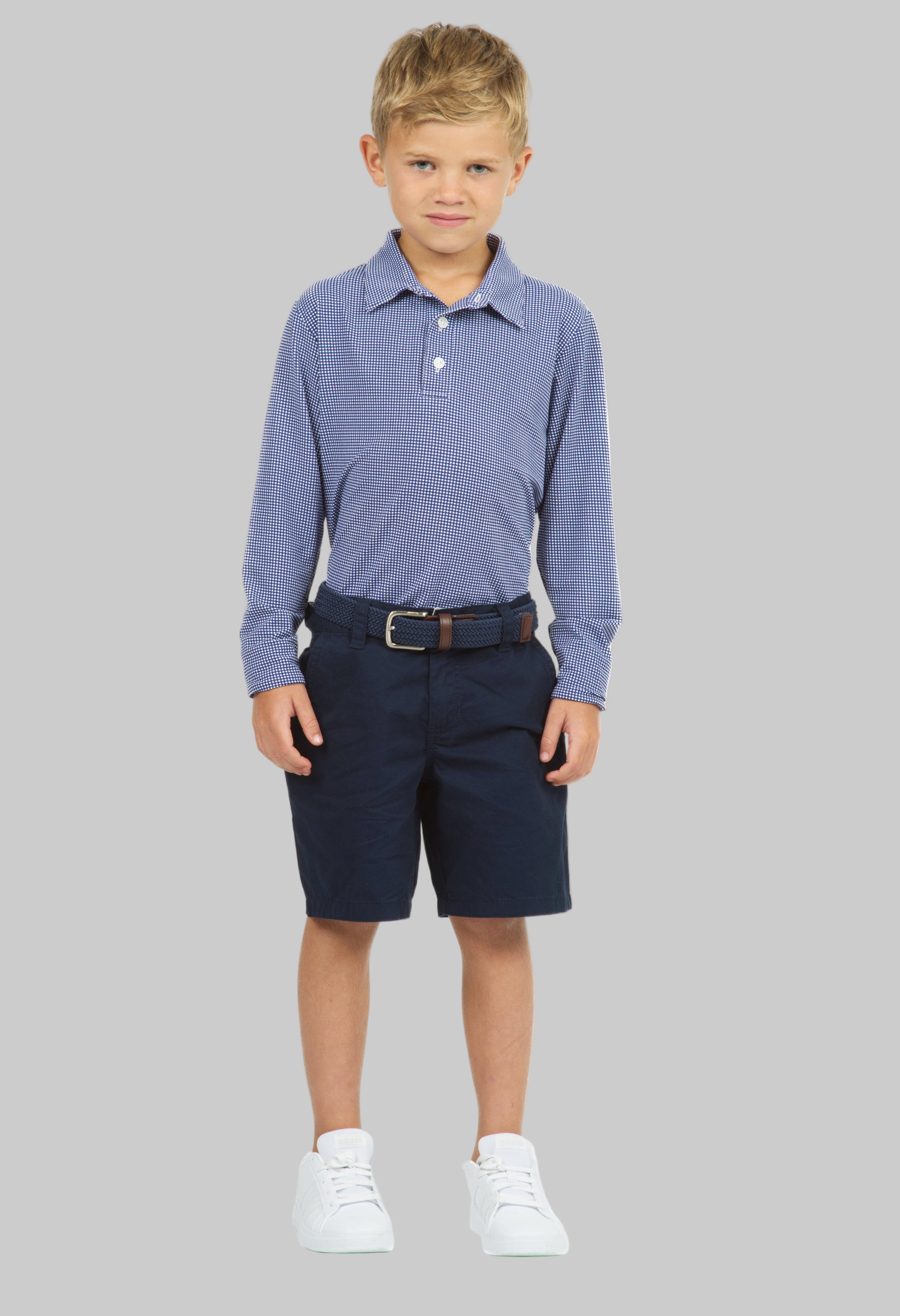Youth Mini Check Print Long Sleeve Polo