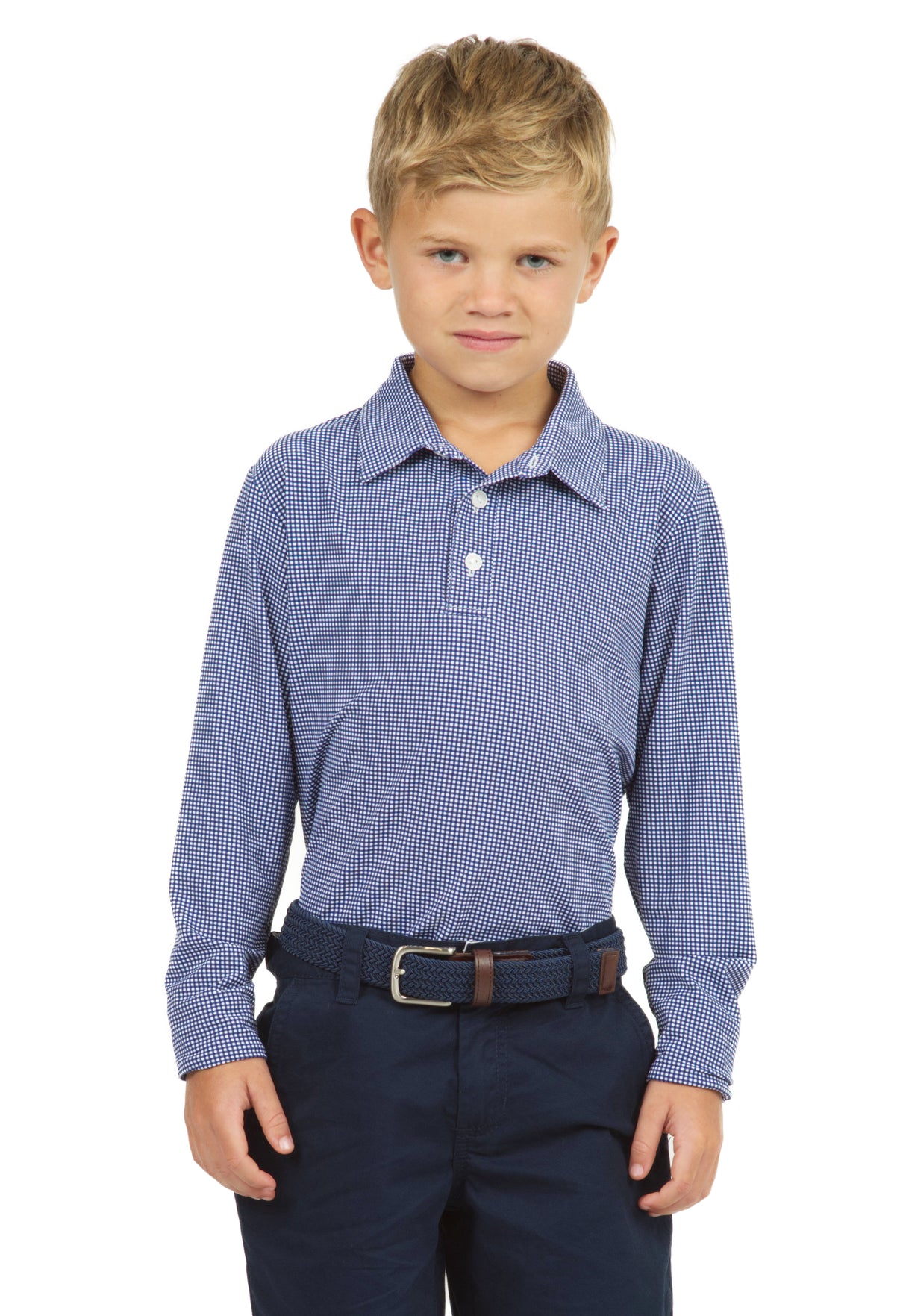 IBKÜL - Youth Mini Check Print Long Sleeve Polo - 95754B - Color: Navy/White