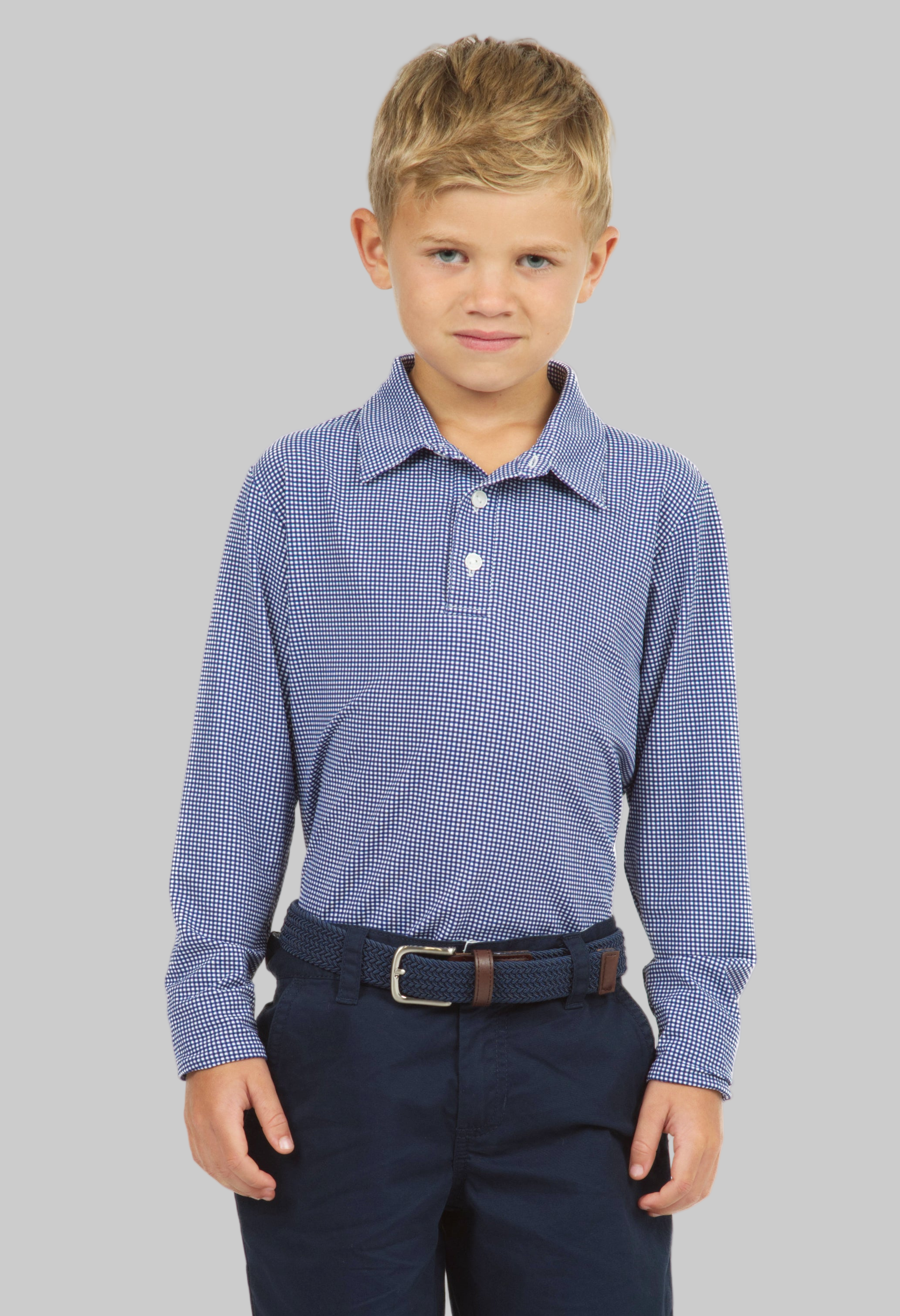 Youth Mini Check Print Long Sleeve Polo