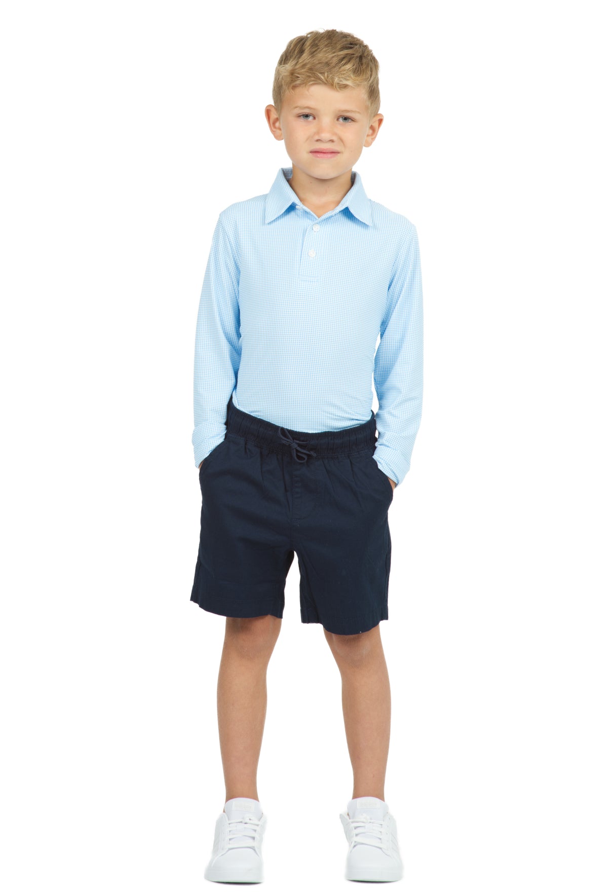 IBKÜL - Youth Mini Check Print Long Sleeve Polo - 95754B - Color: Peri/White