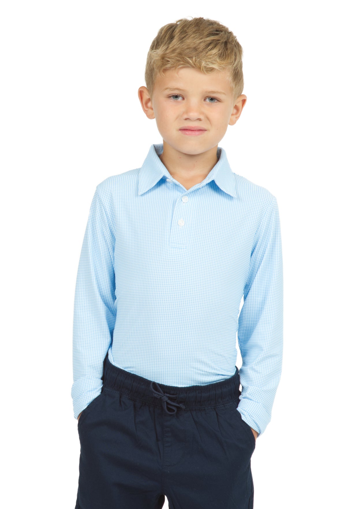 IBKÜL - Youth Mini Check Print Long Sleeve Polo - 95754B - Color: Peri/White