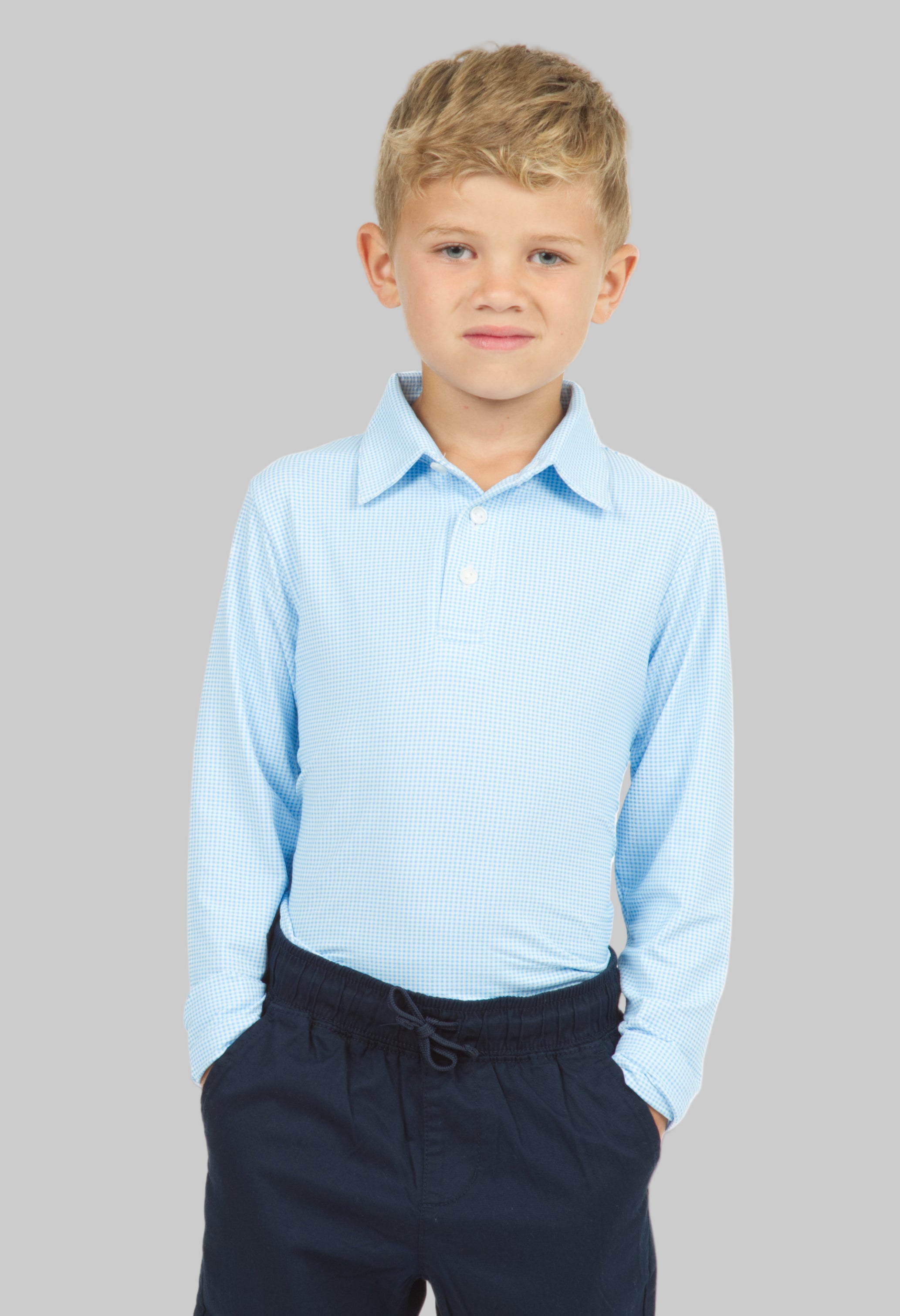 Youth Mini Check Print Long Sleeve Polo