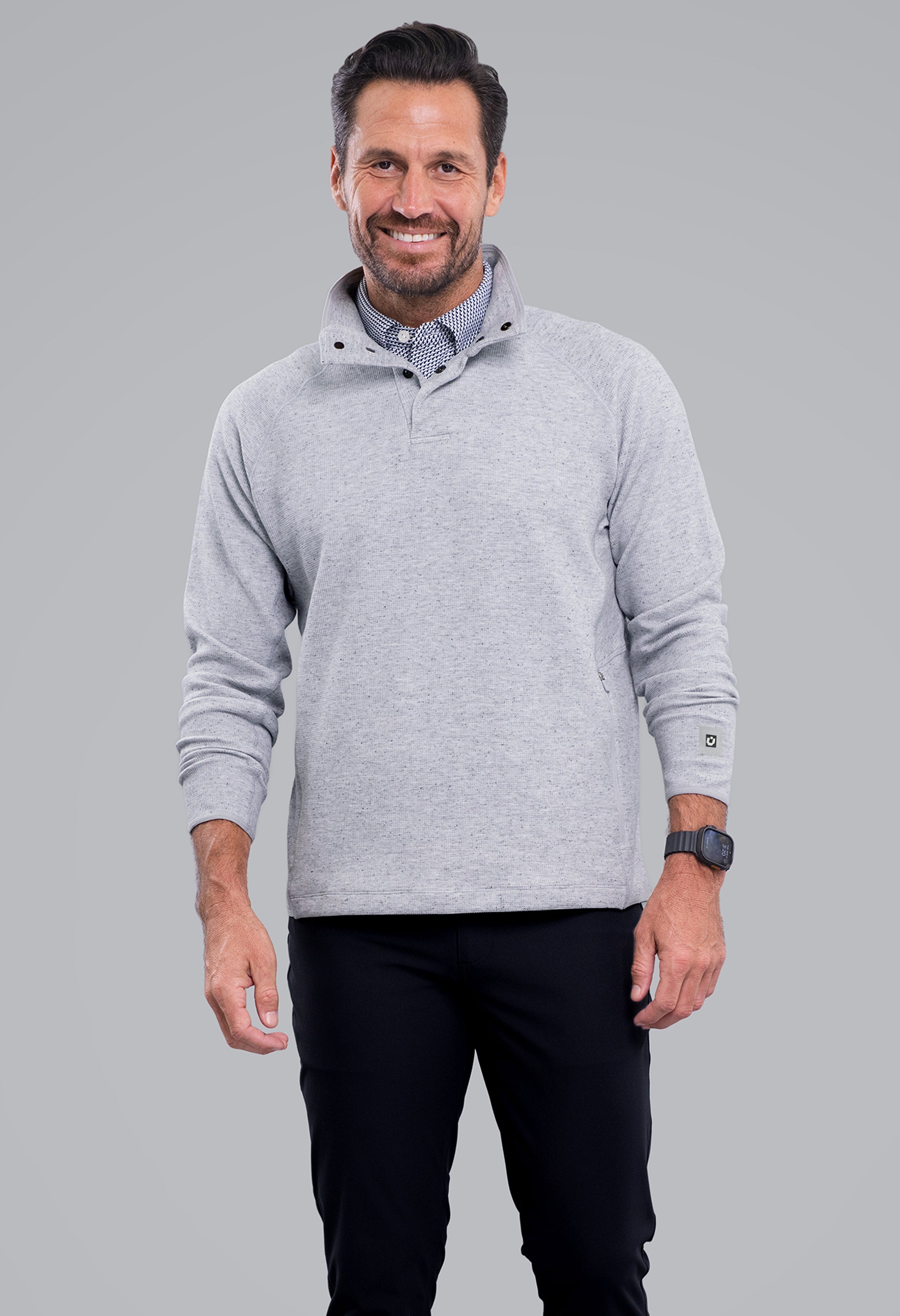 IBKÜL - Waffle Knit 1/4 Snap Mock Neck Top - Color: Oxford Heather