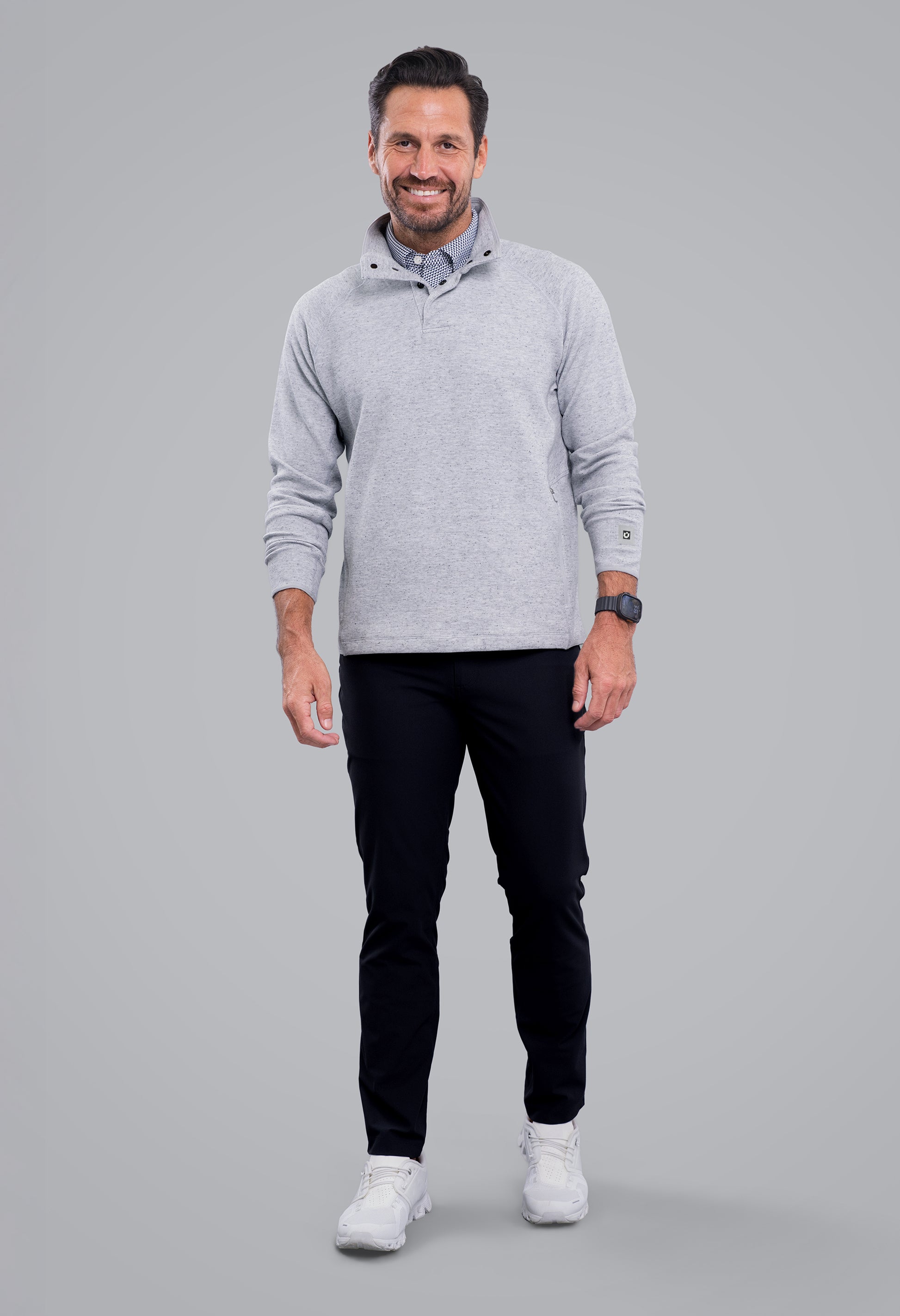 IBKÜL - Waffle Knit 1/4 Snap Mock Neck Top - Color: Oxford Heather