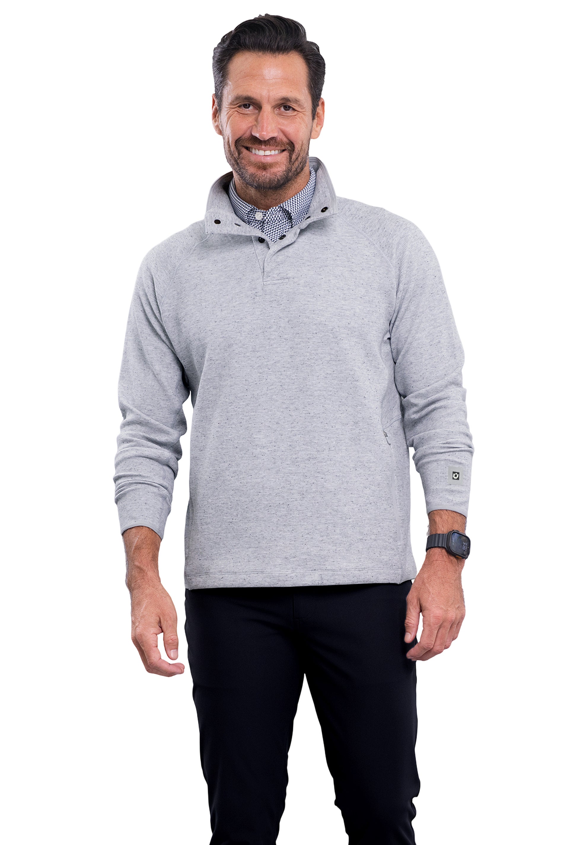IBKÜL - Waffle Knit 1/4 Snap Mock Neck Top - Color: Oxford Heather
