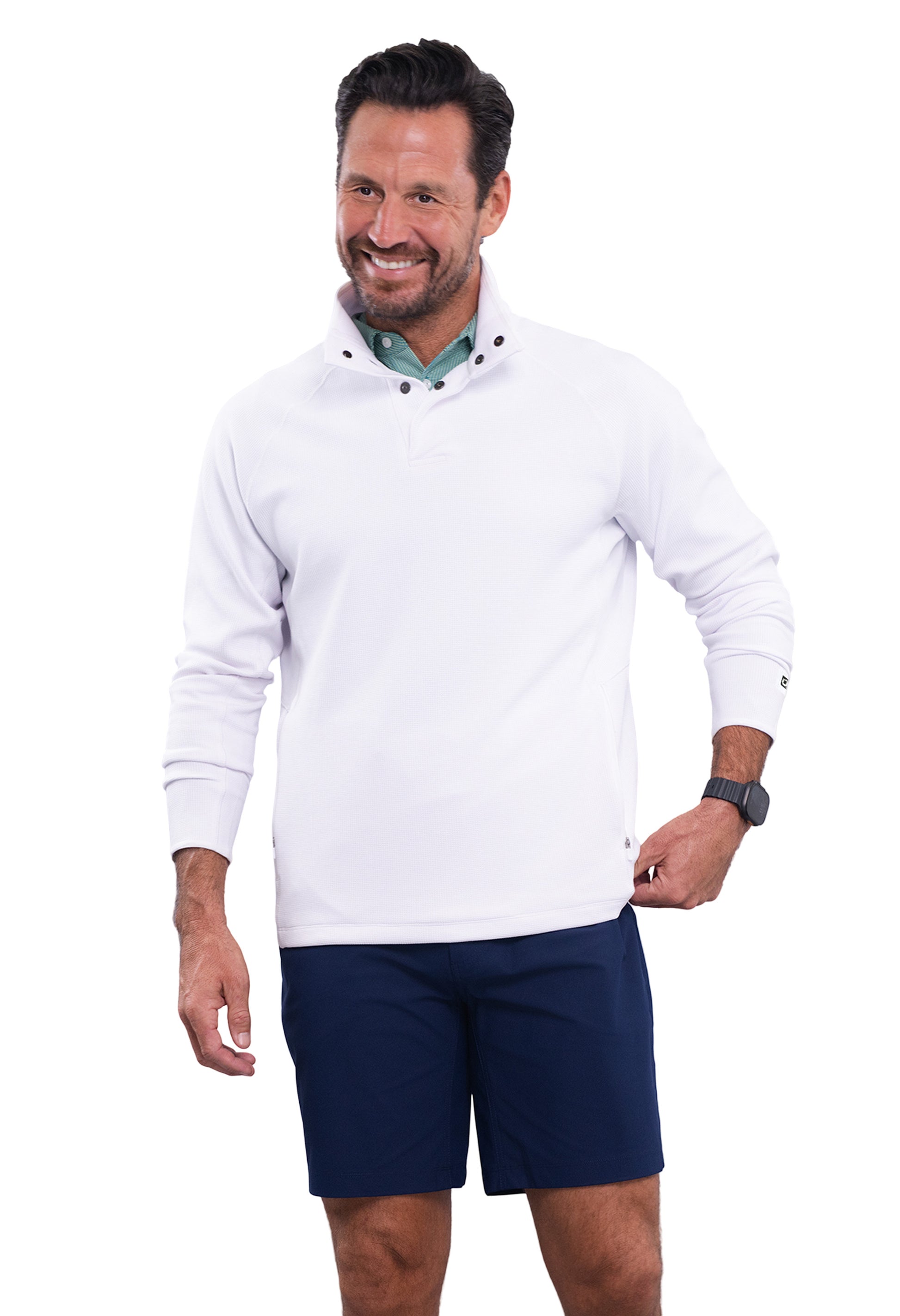 IBKÜL - Waffle Knit 1/4 Snap Mock Neck Top - Color: White