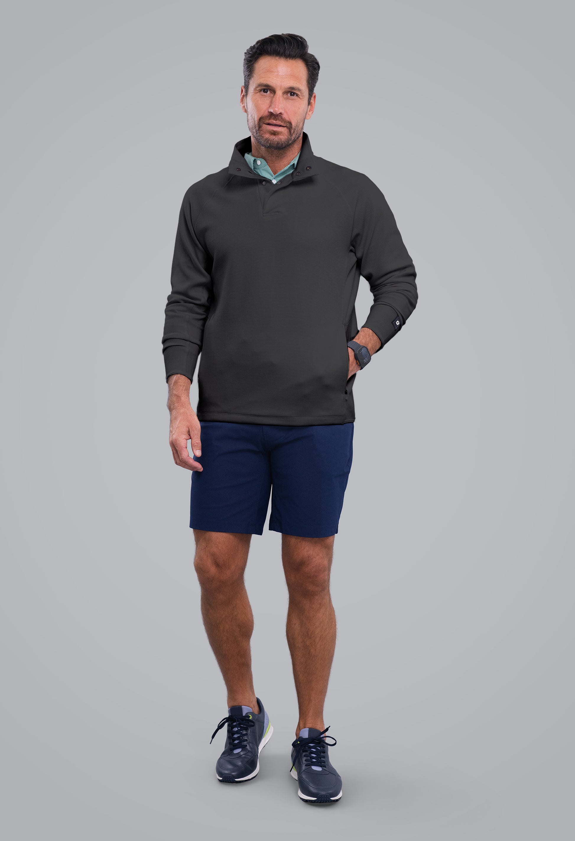 IBKÜL - Waffle Knit 1/4 Snap Mock Neck Top - Color: Black Heather