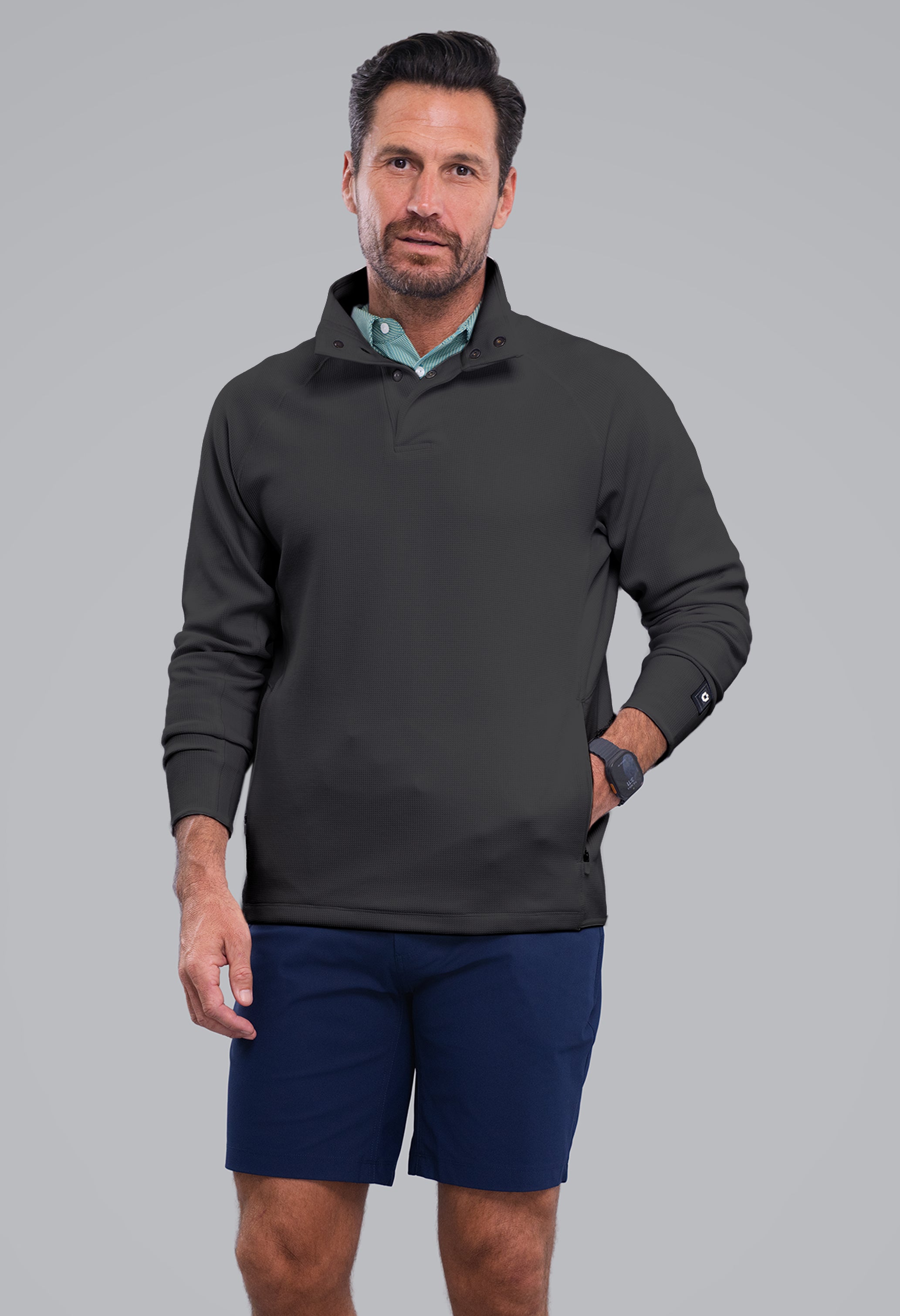 IBKÜL - Waffle Knit 1/4 Snap Mock Neck Top - Color: Black Heather