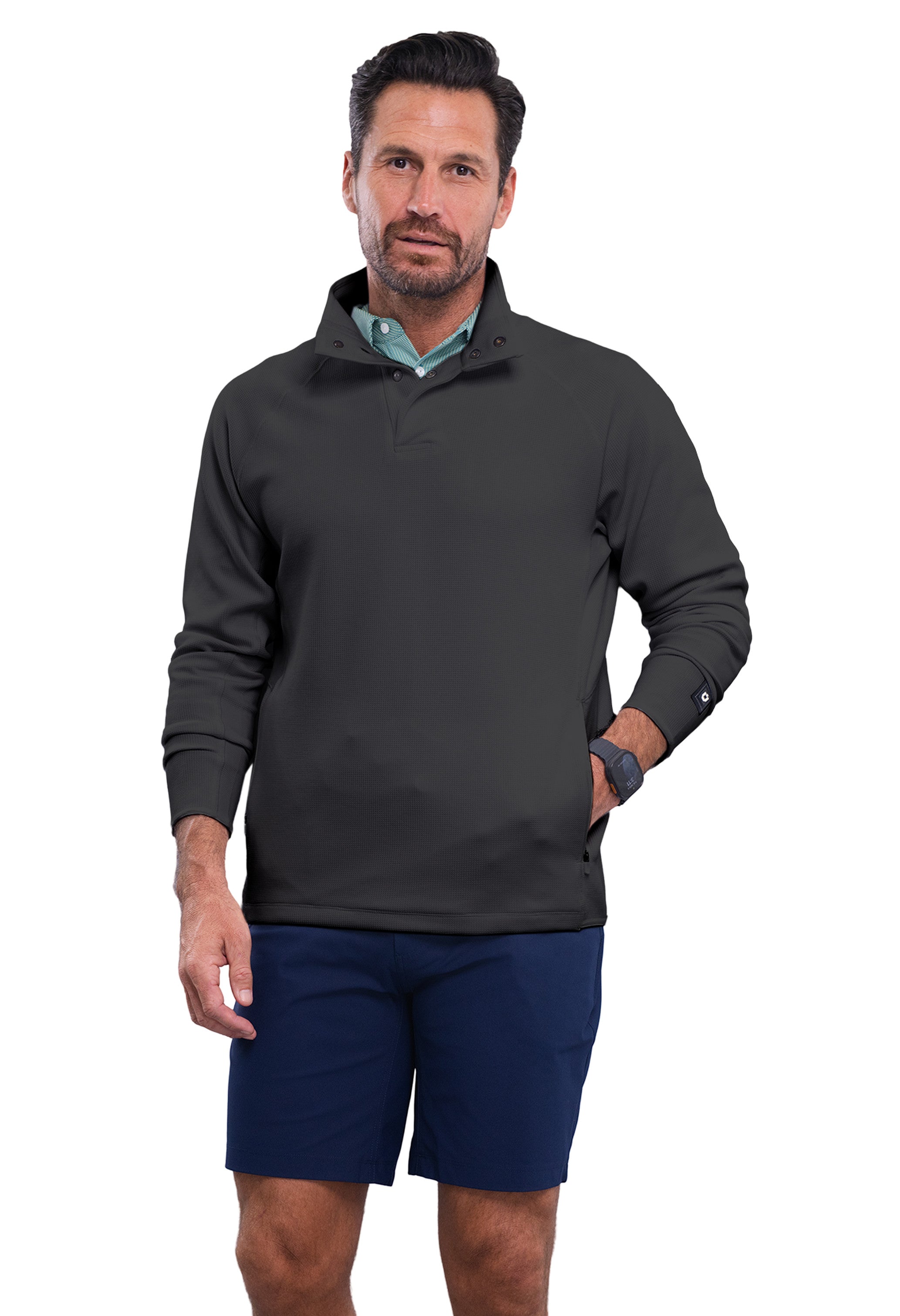 IBKÜL - Waffle Knit 1/4 Snap Mock Neck Top - Color: Black Heather
