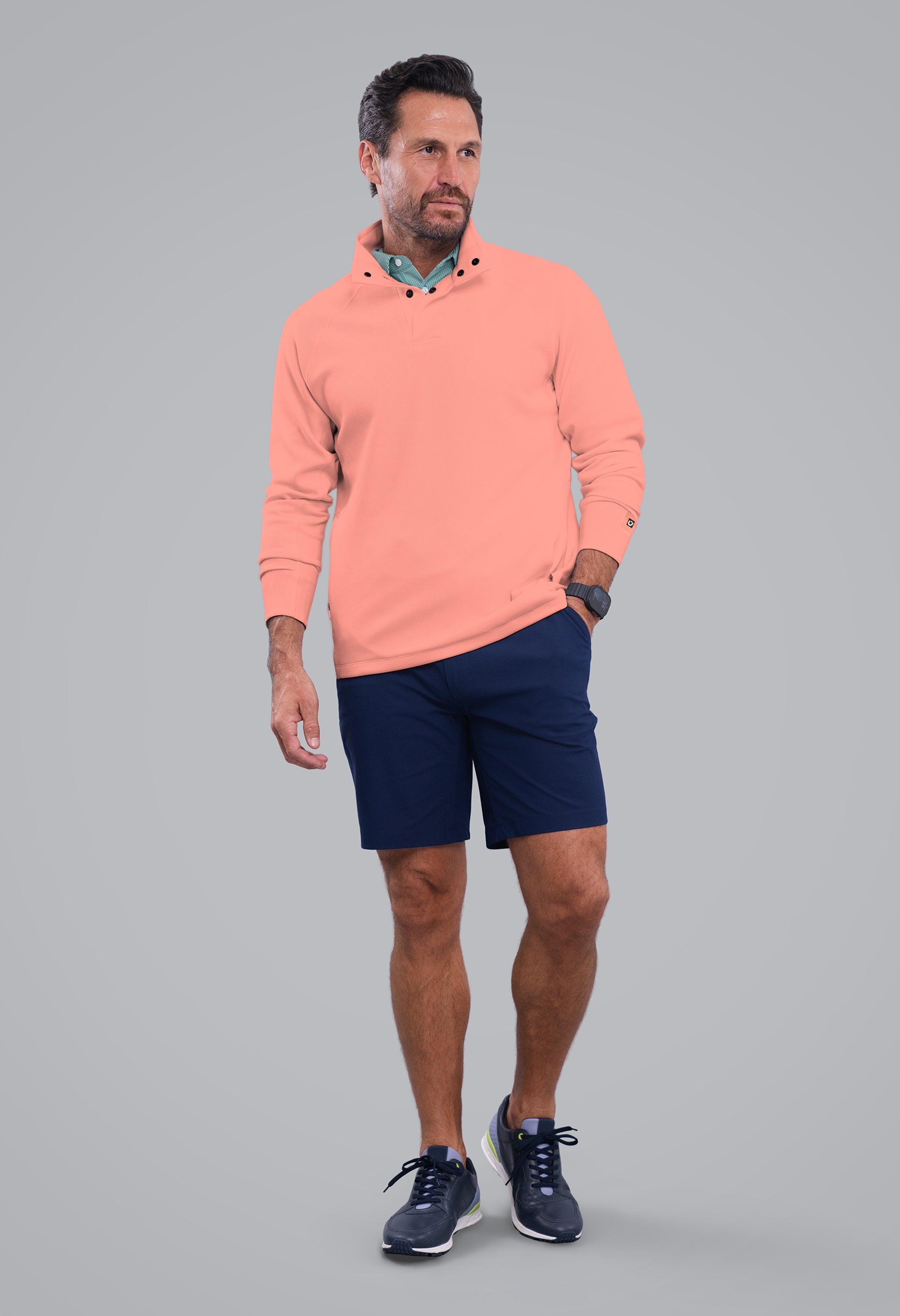 IBKÜL - Waffle Knit 1/4 Snap Mock Neck Top - Color: Peach Heather