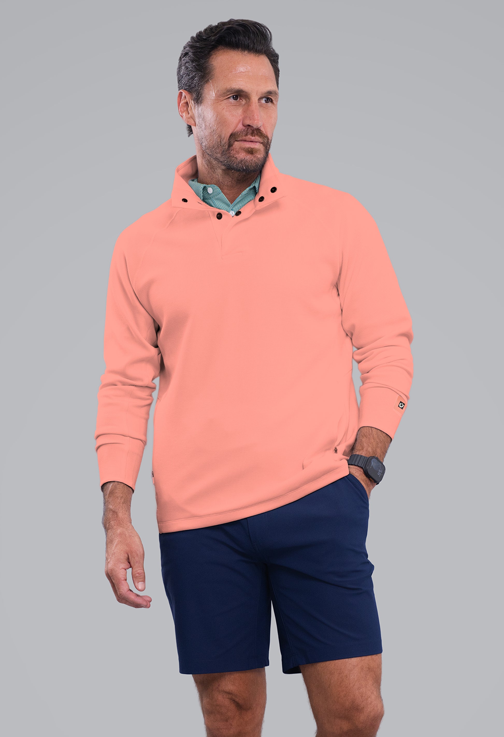 IBKÜL - Waffle Knit 1/4 Snap Mock Neck Top - Color: Peach Heather