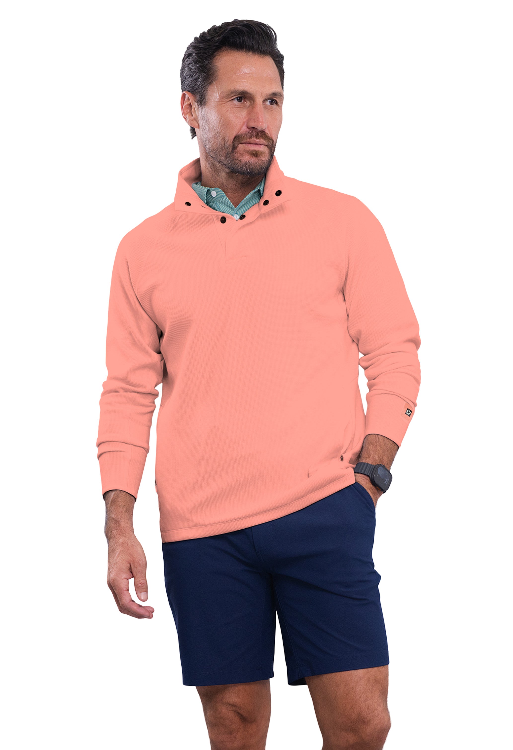 IBKÜL - Waffle Knit 1/4 Snap Mock Neck Top - Color: Peach Heather