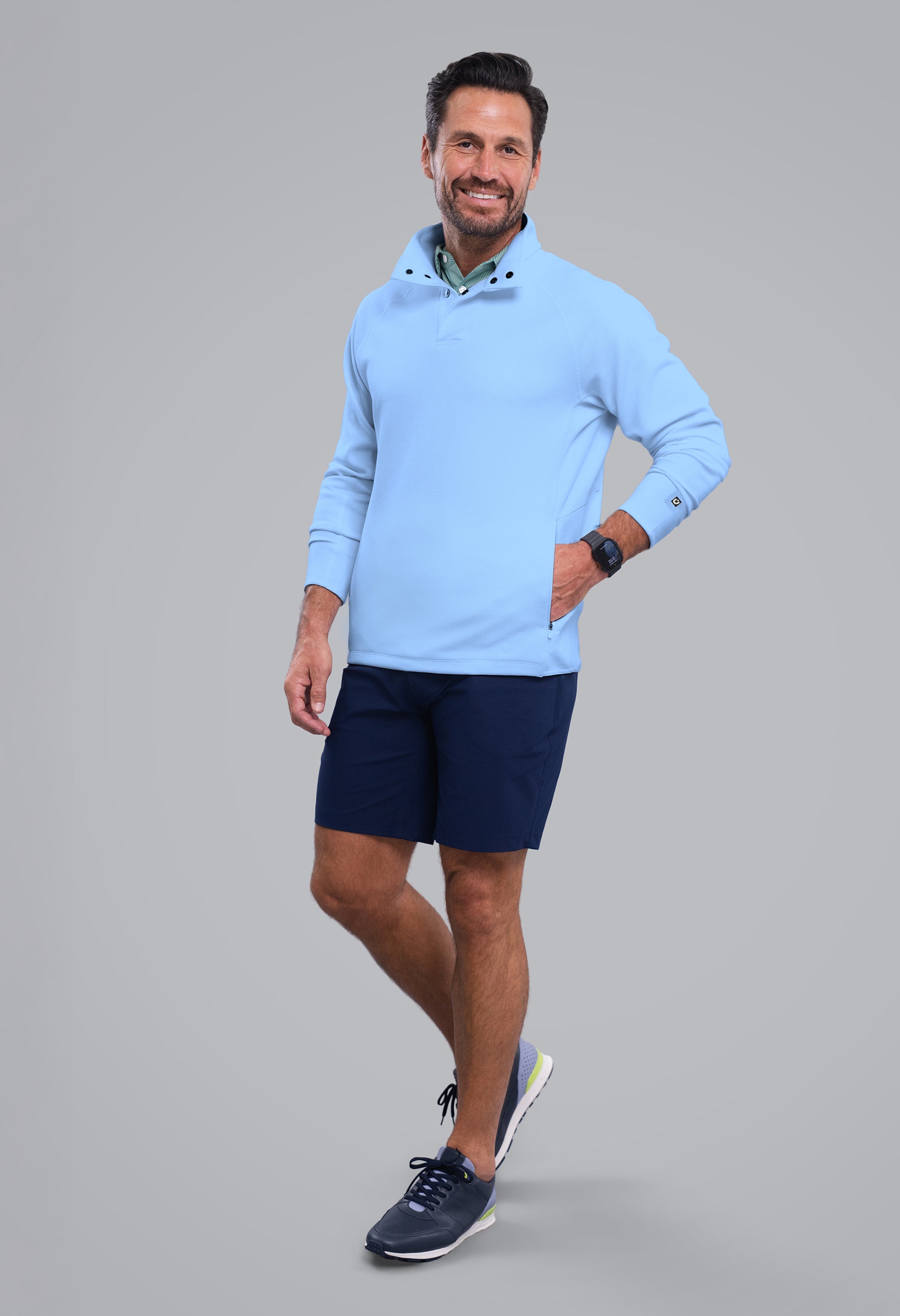 IBKÜL - Waffle Knit 1/4 Snap Mock Neck Top - Color: Chambray Heather