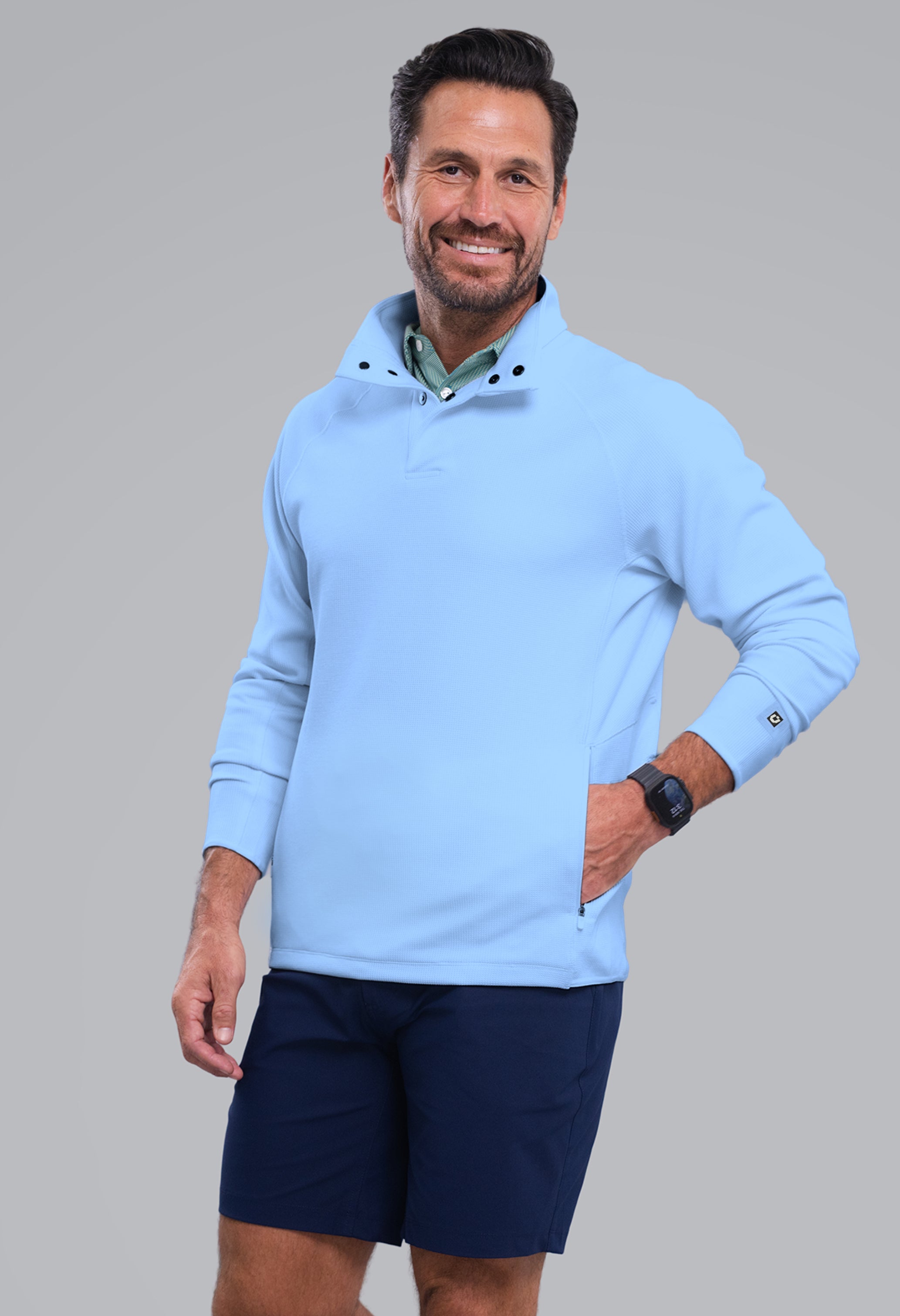 IBKÜL - Waffle Knit 1/4 Snap Mock Neck Top - Color: Chambray Heather