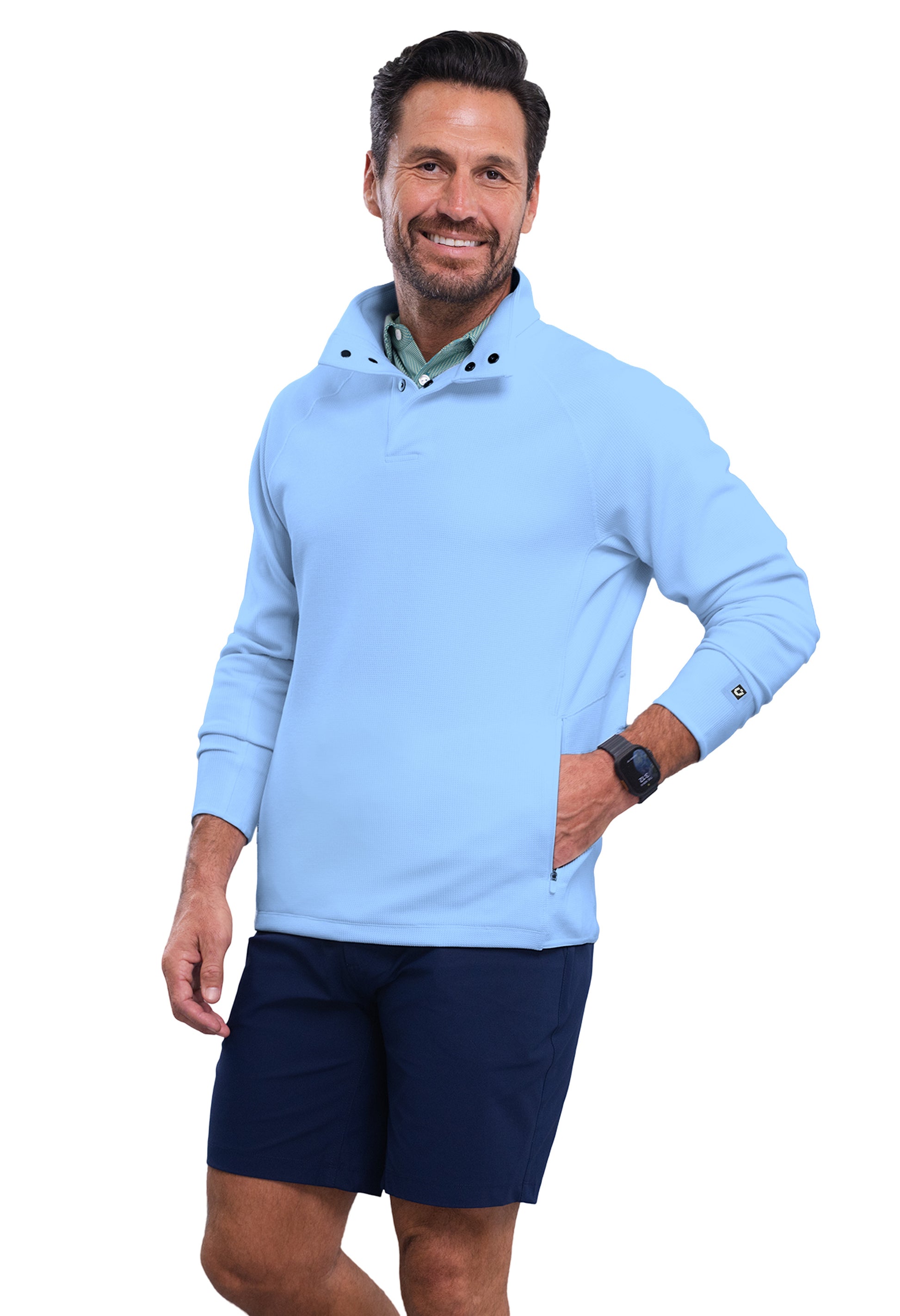 IBKÜL - Waffle Knit 1/4 Snap Mock Neck Top - Color: Chambray Heather