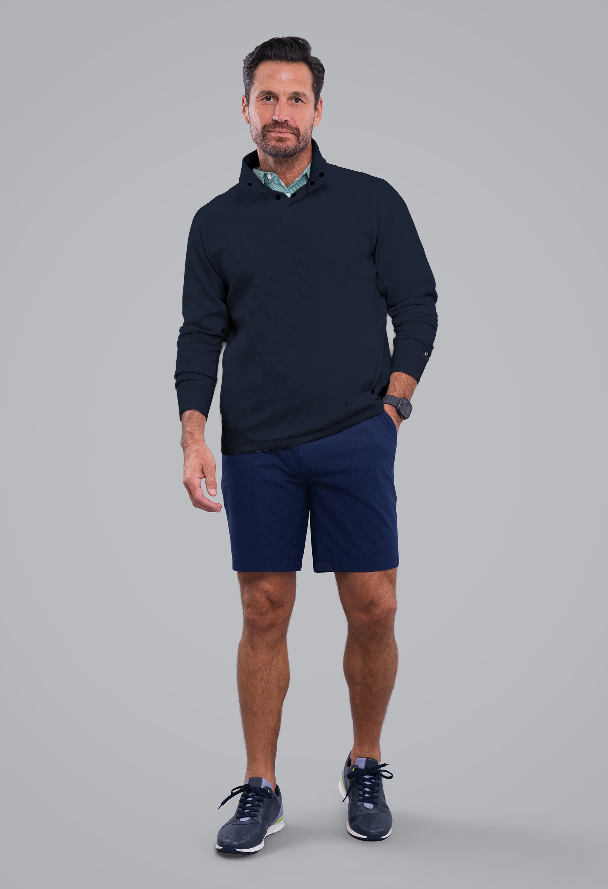 IBKÜL - Waffle Knit 1/4 Snap Mock Neck Top - Color: Classic Navy Heather