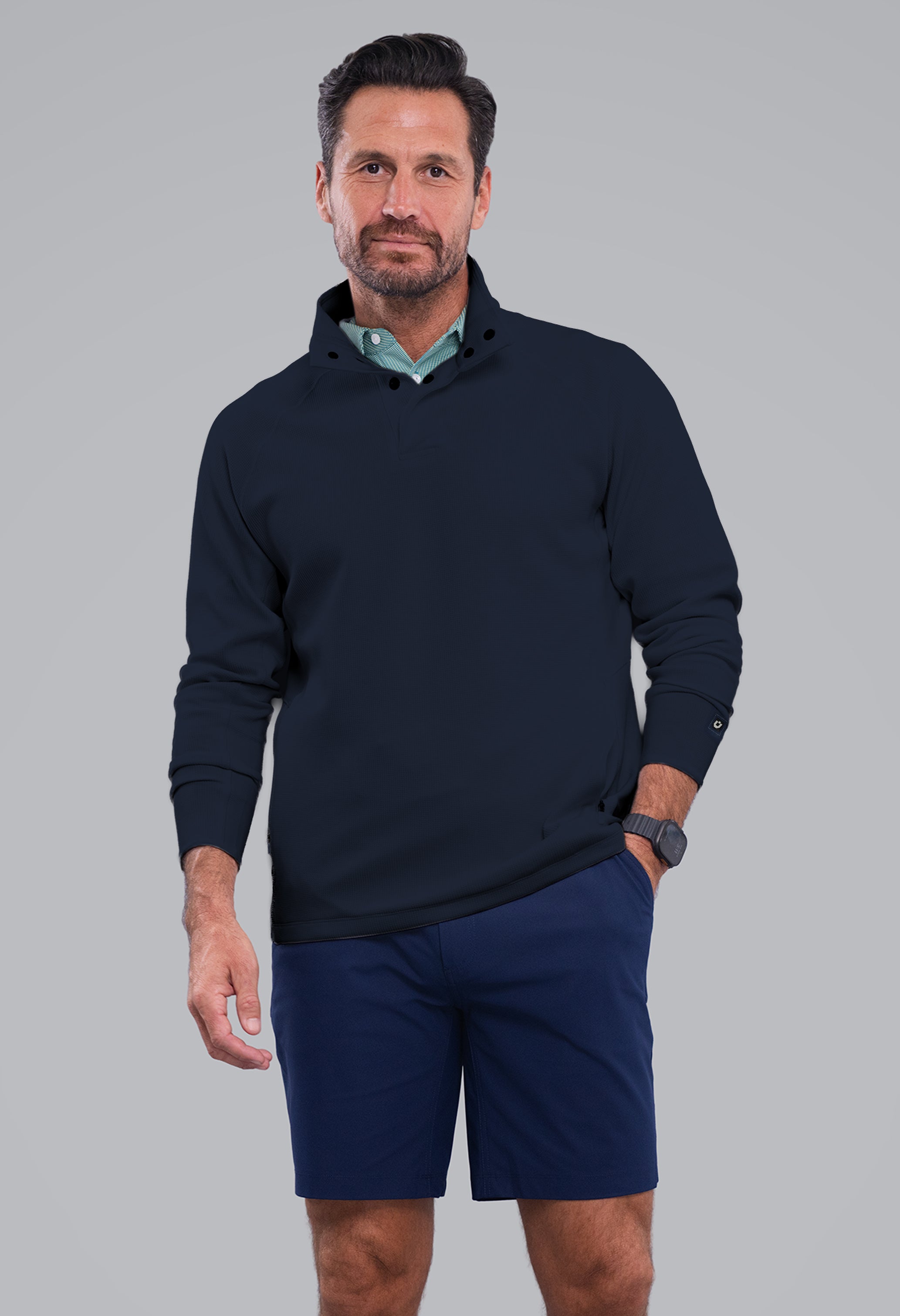 IBKÜL - Waffle Knit 1/4 Snap Mock Neck Top - Color: Classic Navy Heather
