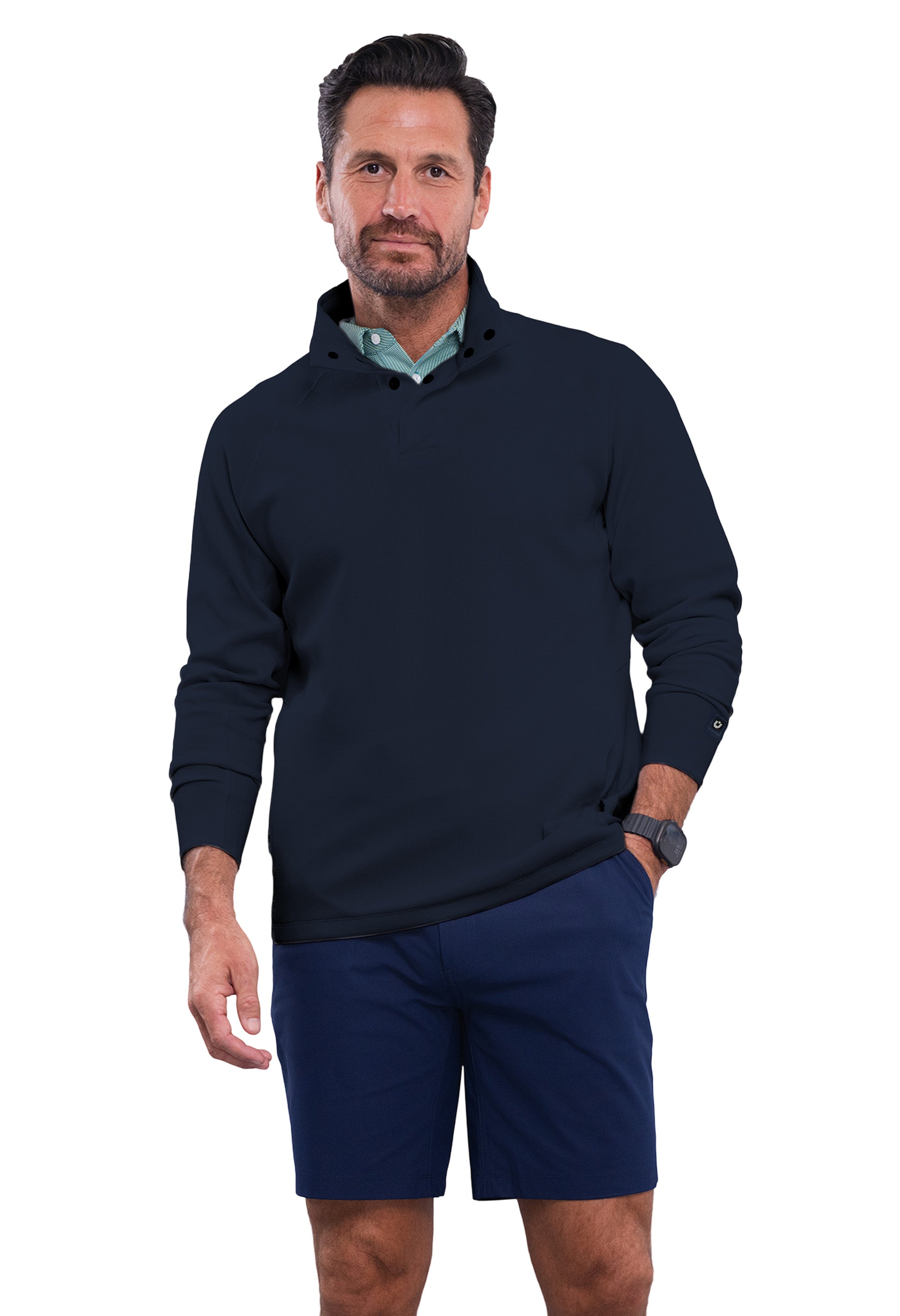 IBKÜL - Waffle Knit 1/4 Snap Mock Neck Top - Color: Classic Navy Heather