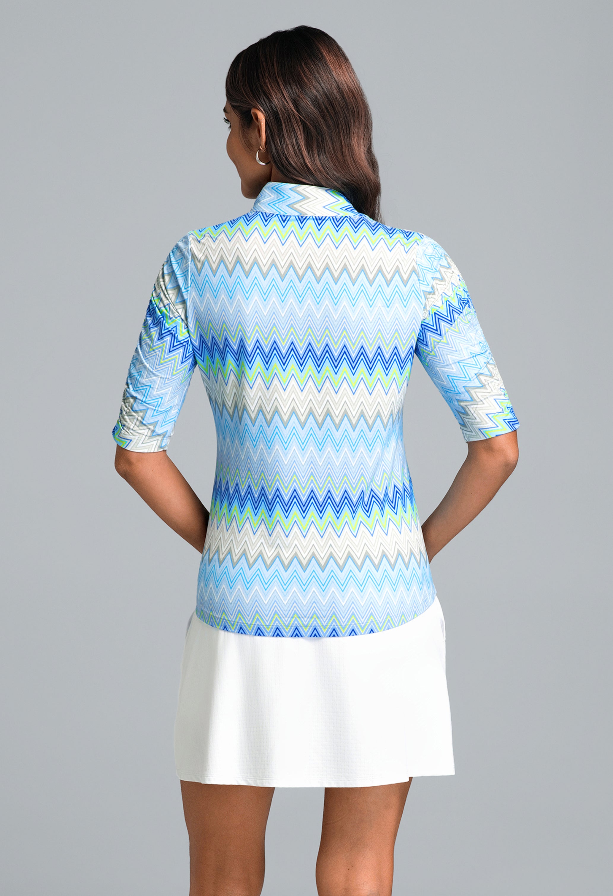 IBKÜL - Susan Print Ruched Elbow Sleeve Mandarin Collar Top - Color: Seafoam Multi