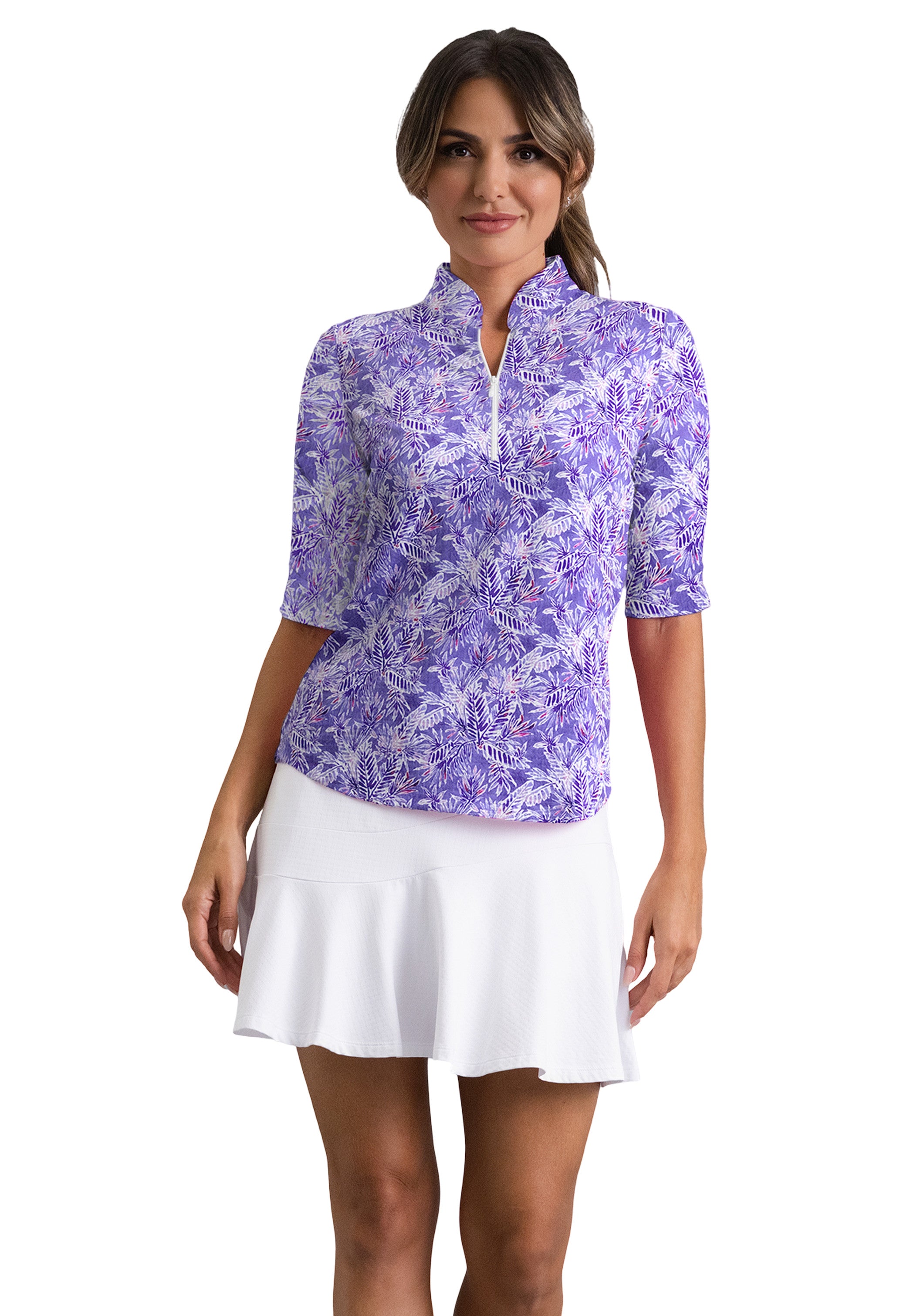 IBKÜL - Briana Ruched Elbow Sleeve Mandarin Collar Top - Color: Plum