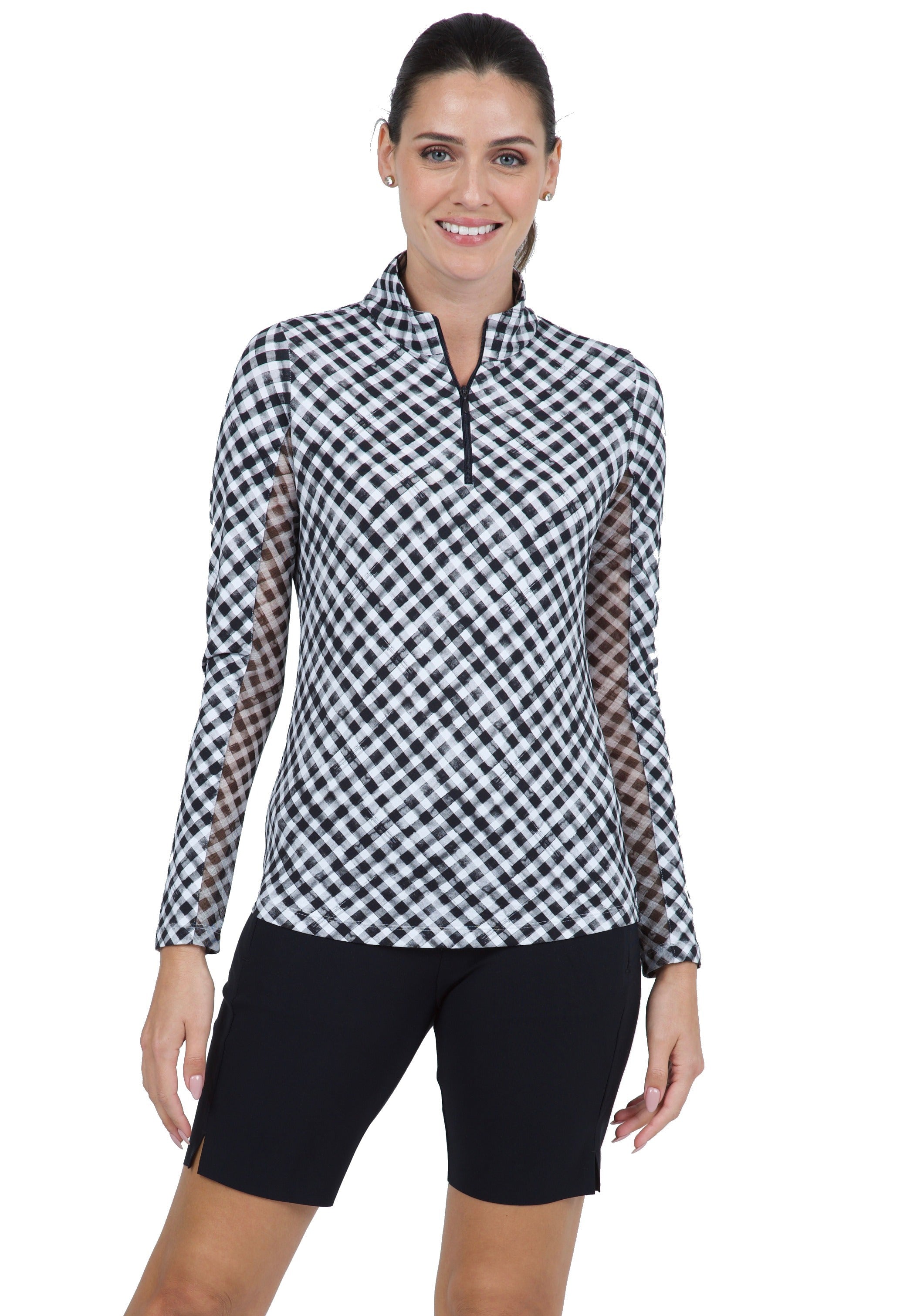 Gingham Check Print Long Sleeve Mock Neck Top