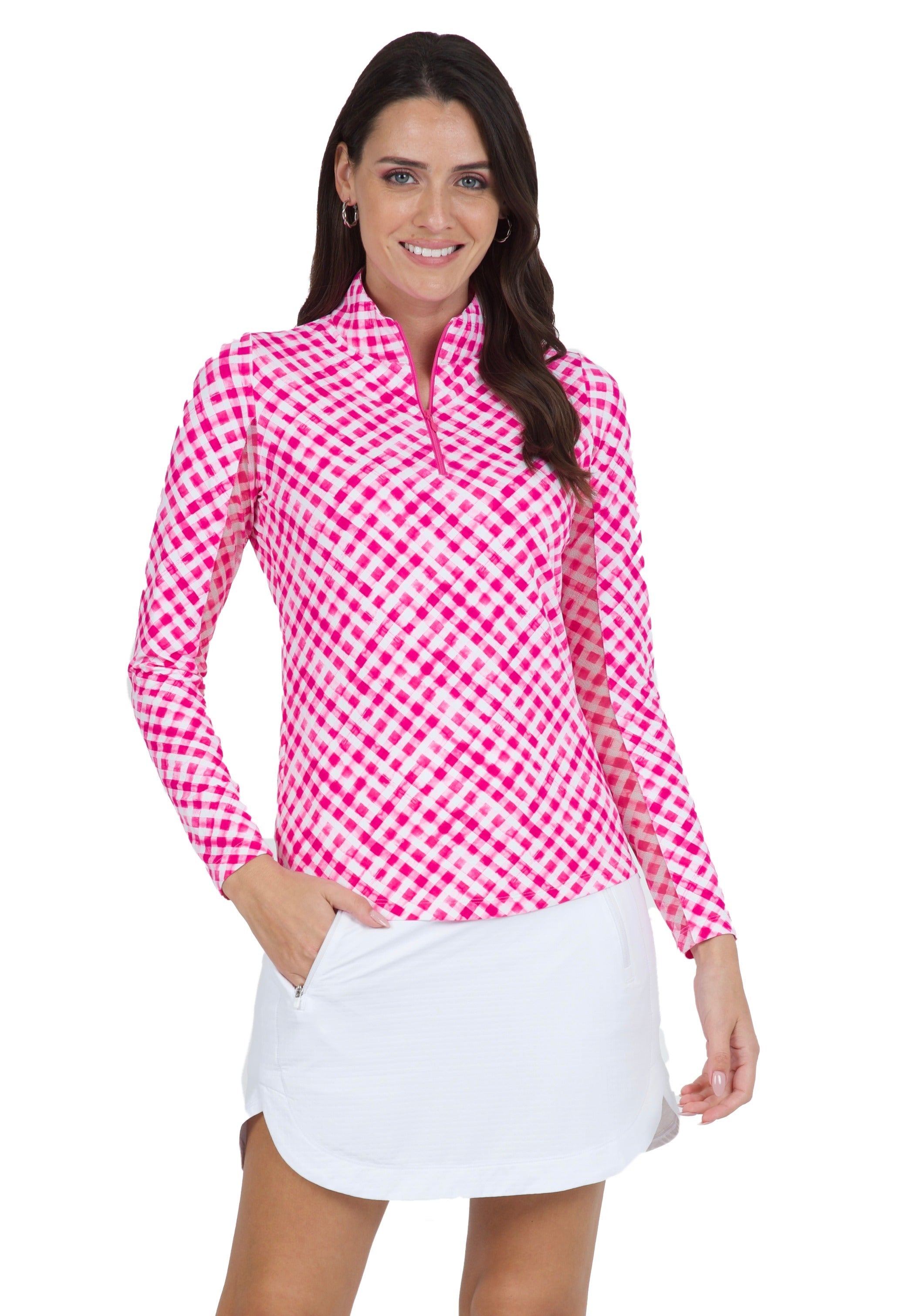 Gingham Check Print Long Sleeve Mock Neck Top