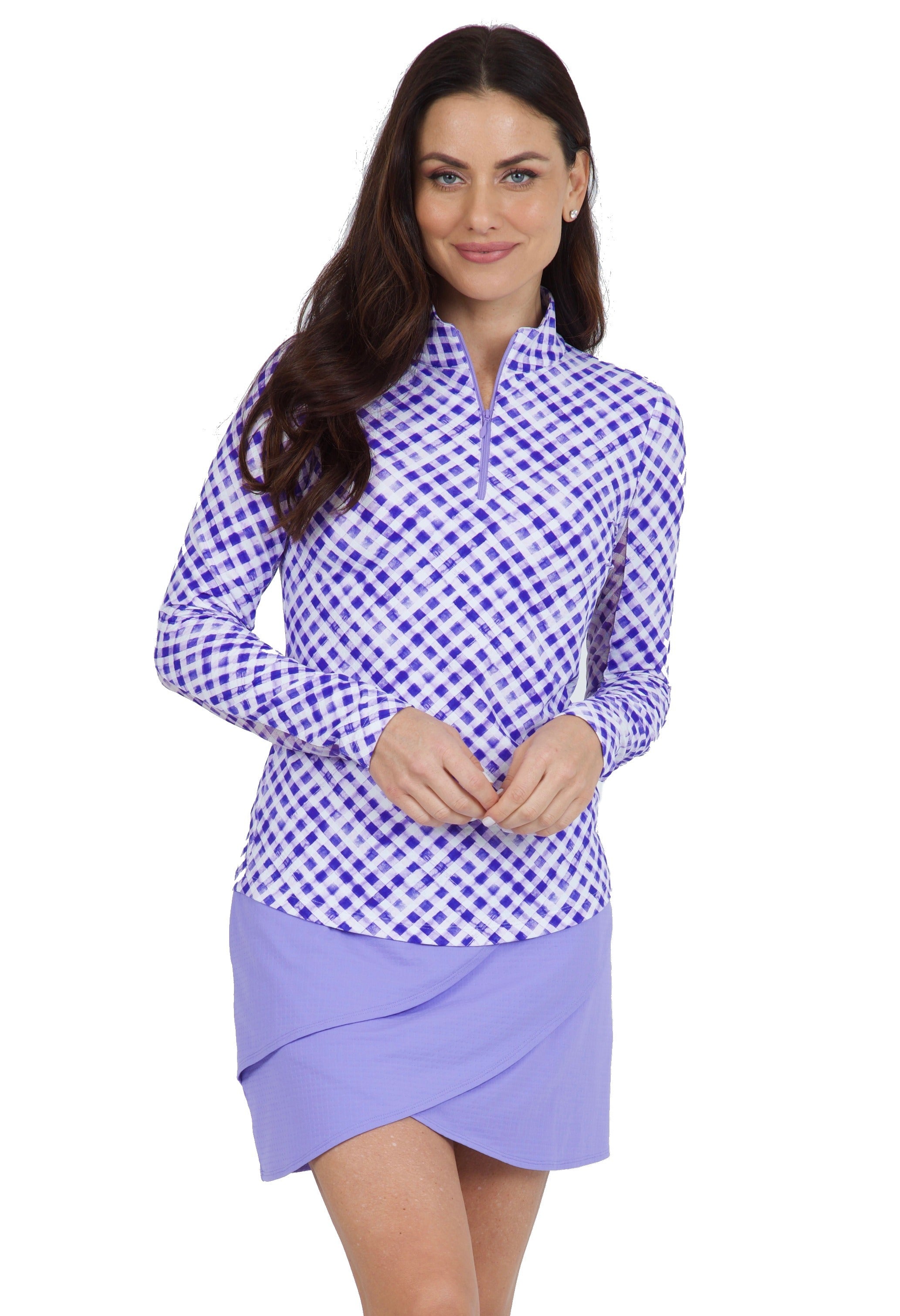 Gingham Check Print Long Sleeve Mock Neck Top