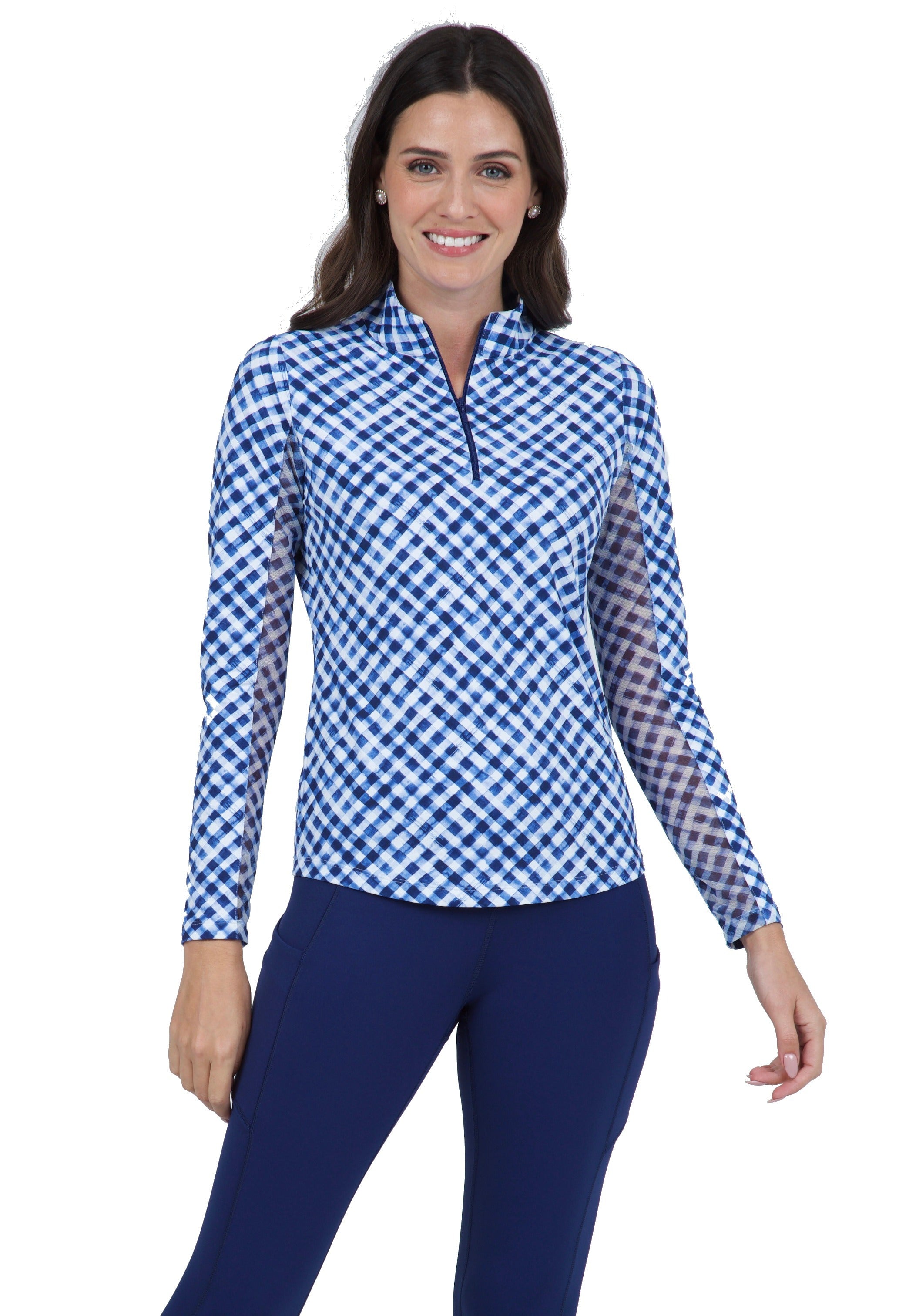 Gingham Check Print Long Sleeve Mock Neck Top