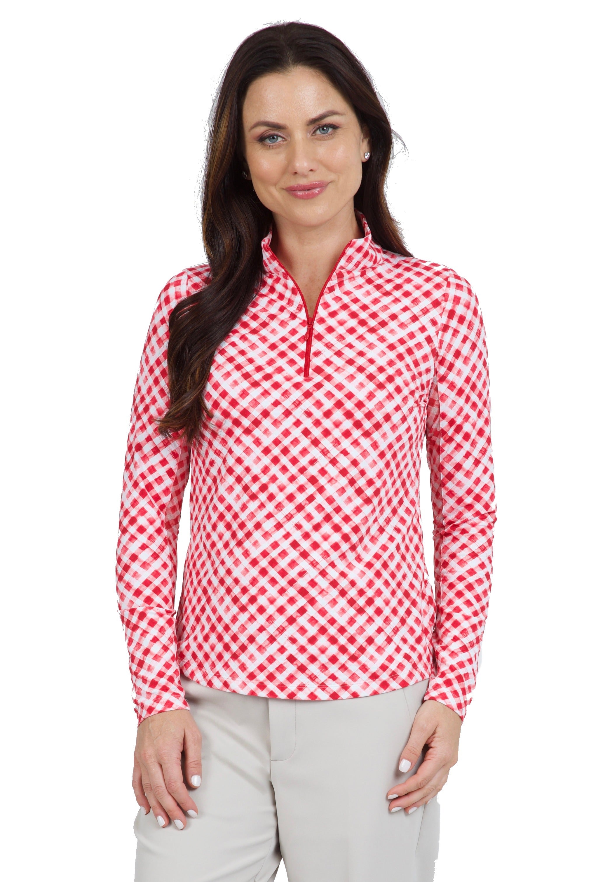 Gingham Check Print Long Sleeve Mock Neck Top