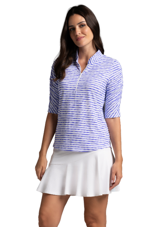 IBKÜL - Landon Stripe II Print Ruched Elbow Sleeve Top - 41164 - Color: Lavender/White