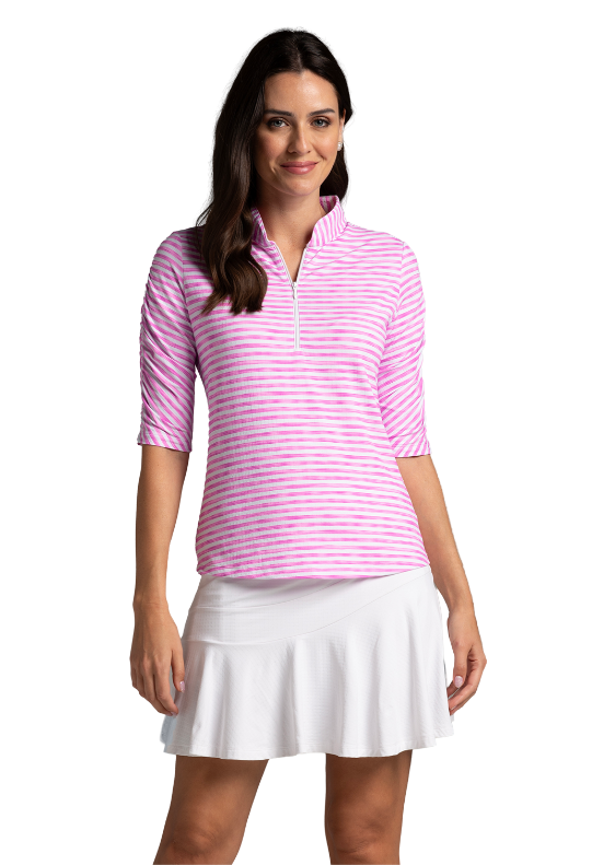 IBKÜL - Landon Stripe II Print Ruched Elbow Sleeve Top - 41164 - Color: Lt. Pink/White