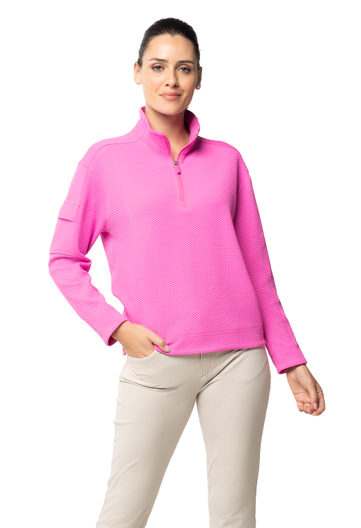 IBKÜL - Solid Popcorn Stitch 1/4 Zip Pullover - 42000 - Color: Hot Pink