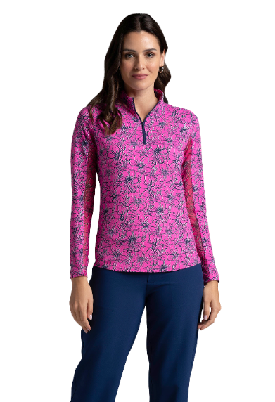 IBKÜL - Diana Print Long Sleeve Mock Neck Top – 10930 - Color: Hot Pink/Navy